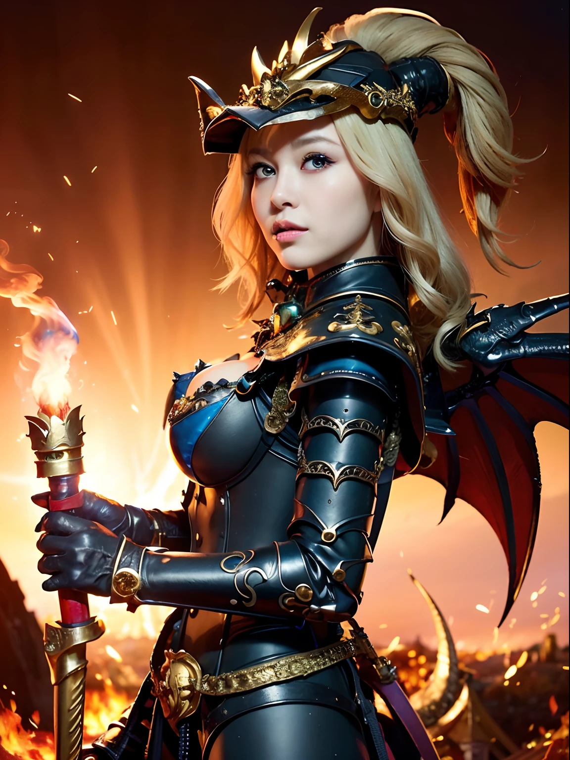 Professional , masterpiece、top-quality、photos realistic , depth of fields 、(Dragon Black Metal Body:1.9),(Matte Blue Black、(cleavage of the breast)、Dragon Gold Weapon、(Micro Bikini Armor:1.4),Gorgeous gold weapons ,(Fight dragons)、Seductive look、(( Dragon's dense and gorgeous sword)) , (demonic wings) ,Detail and gorgeous crown、((a blond))、(Castle background)、((Gangle's forest background))、Beautiful Caucasian beauty、1a person、dynamic ungle,(((Detailed and ornate dragon helmet)))、Smaller head、A smile、Castle background、Thin and beautiful female hands、cleavage of the breast、Soldier in iron armor on background、Mystical expression、Light Effects、intense fighting、Wind-effect、magic circles、With the legendary magic wand、Dragon's tail、explosions、
