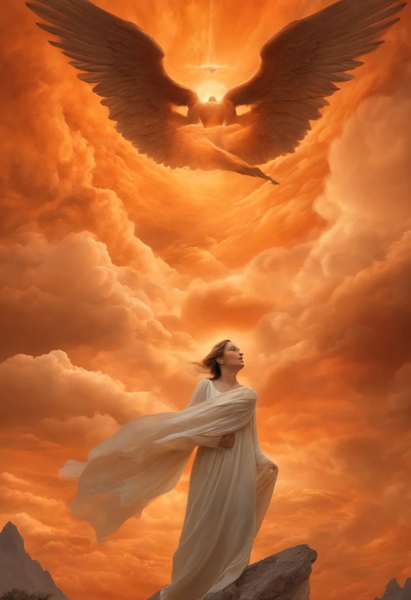 Angels without human feelings, the creator of the universe, mito, In the background of the image, Scene of the Tian Shan, orange clouds. The style of the image should be a caricature, With strong and eye-catching brushstrokes, As well as the mythology and angelic breath of the characters