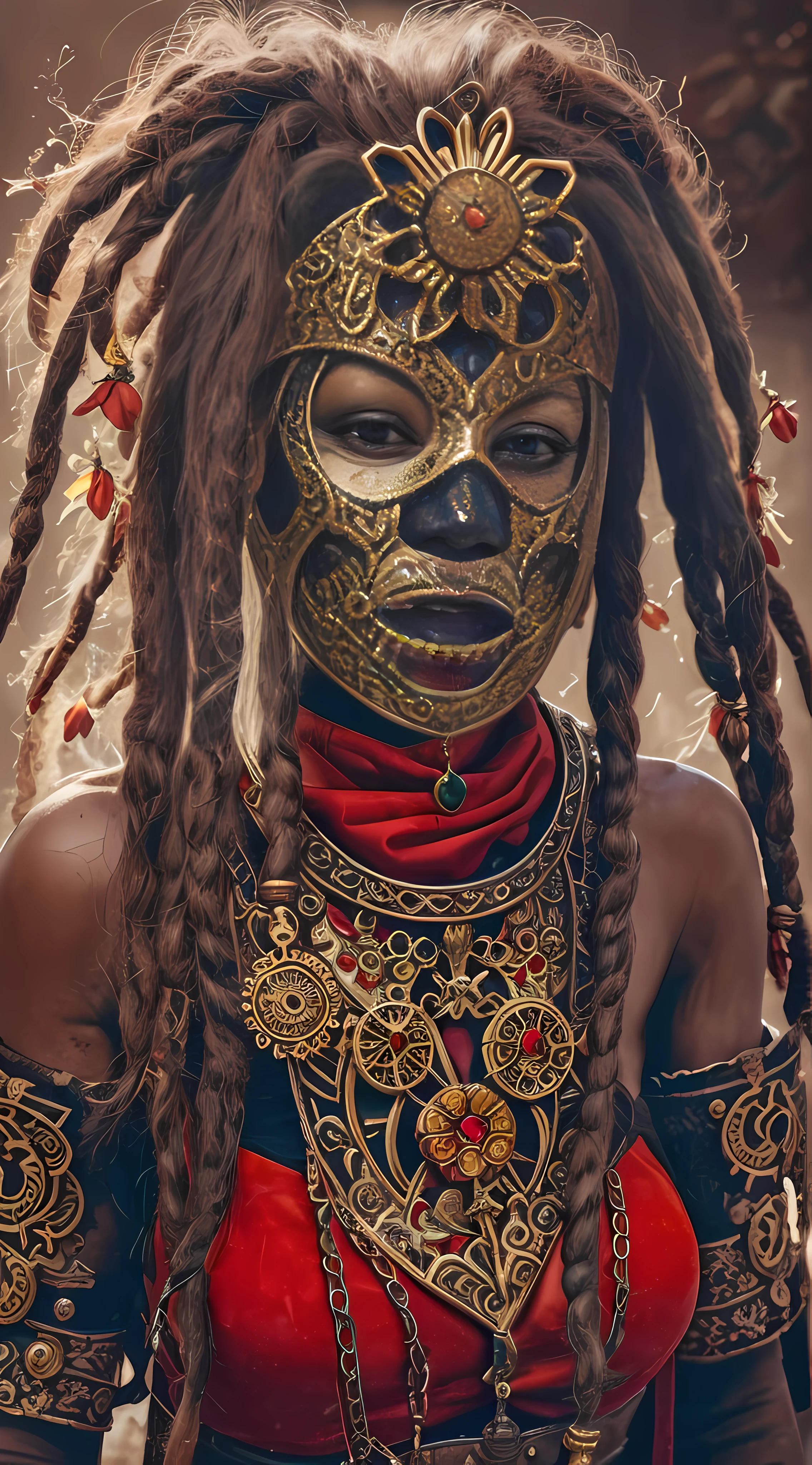 female tribe warrior with ancient gothic steampunk mask, red paintings on face, black mask, little golden flower jewelery around her neck and dreadlocks, great details, cinematic look, 8k, hdr