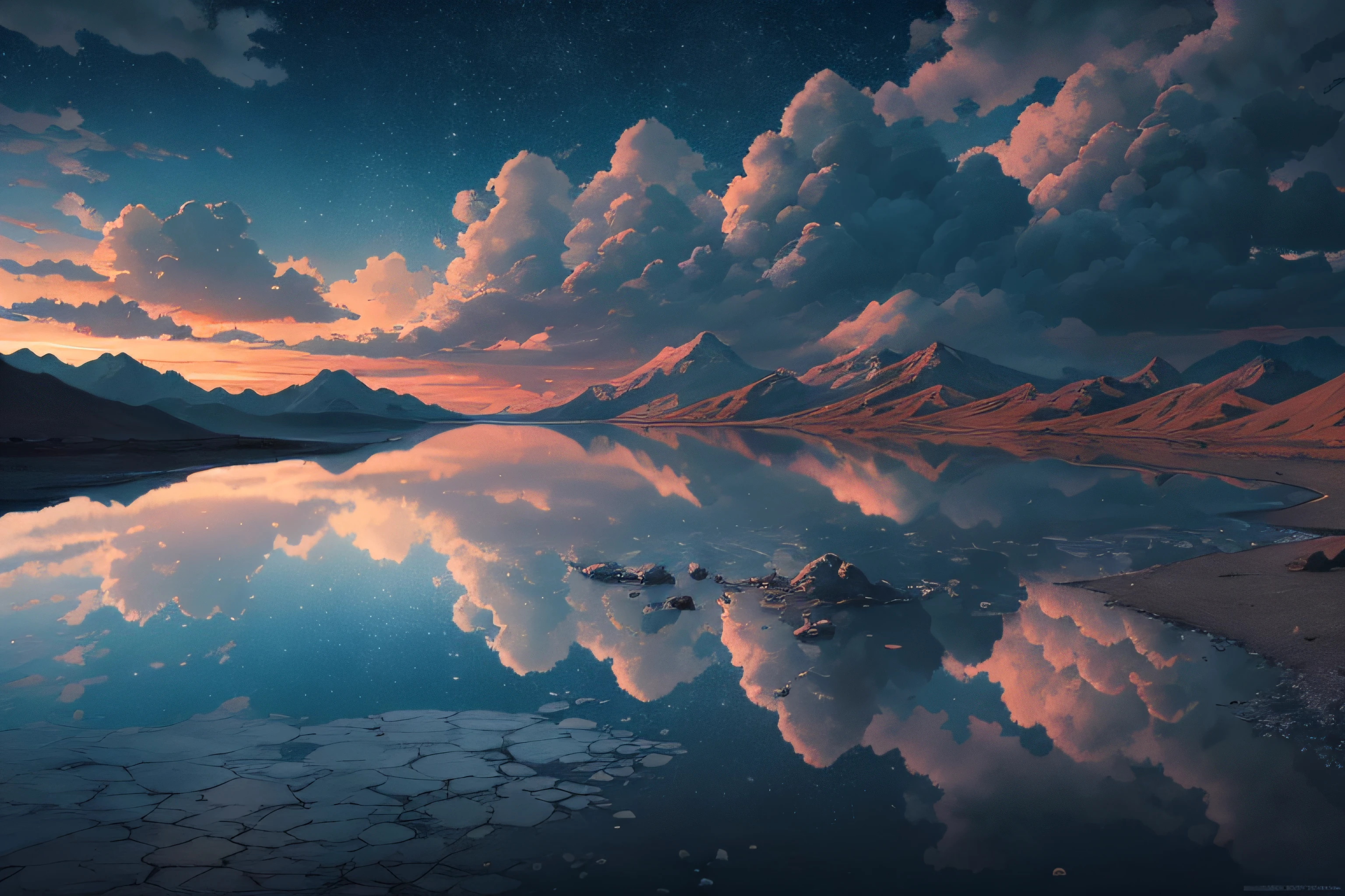 Create a breathtaking digital artwork of a salt lake with a stunningly beautiful sky. The scene should be devoid of any human presence, buildings, or vehicles, focusing solely on the infinite majesty of the sky. The artwork should be in the style of a Pixar masterpiece, featuring incredibly detailed and surreal elements. The sky should be supersaturated with vivid colors and rich textures, creating a fantasy landscape that is truly epic in composition. The resolution should be a staggering 16k, ensuring the highest quality possible. This artwork should be a true work of art, capturing the essence of nature's beauty in a way that leaves viewers in awe.