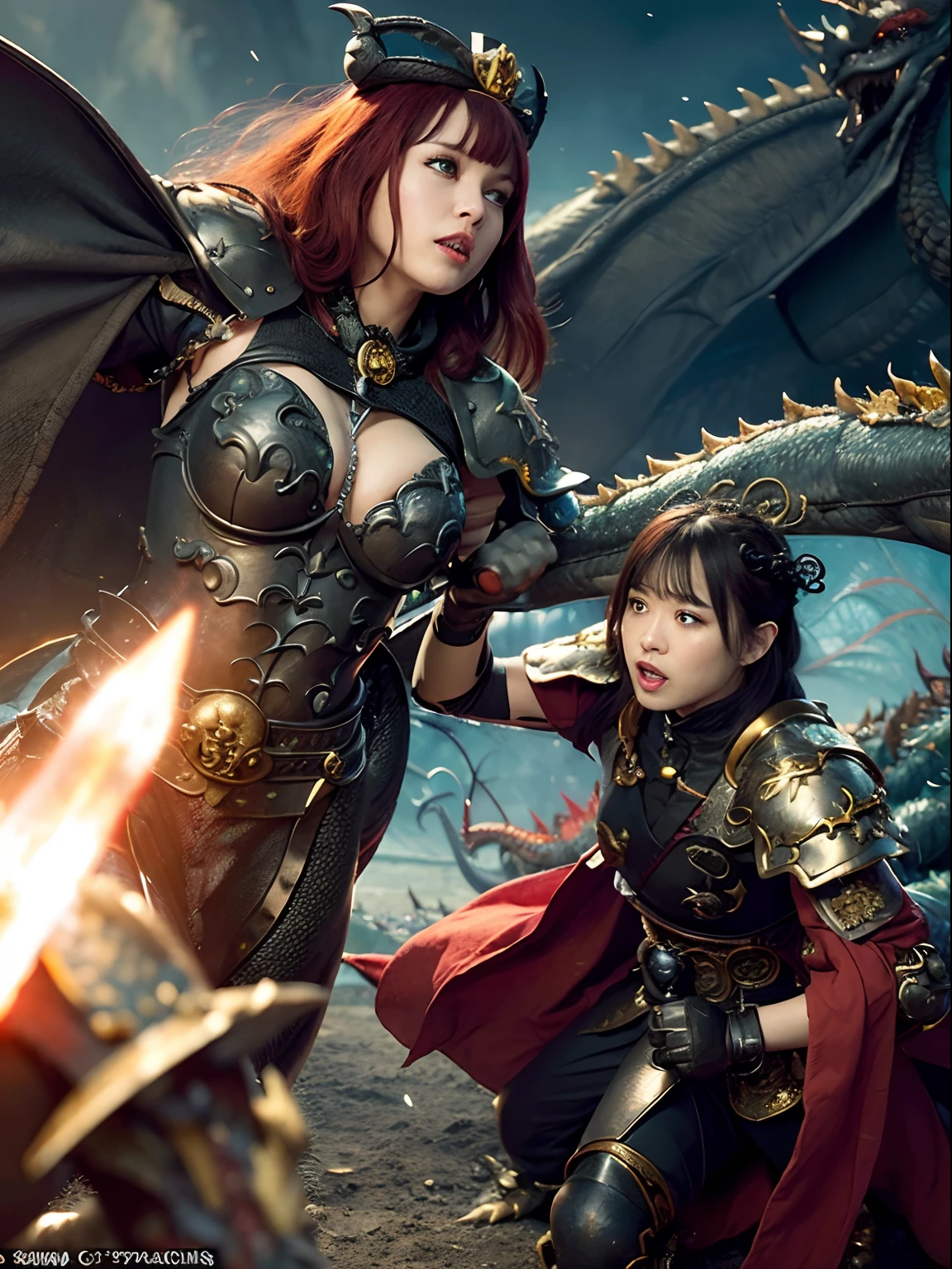 (The Ultimate Beauty Face), Professional , masterpiece、top-quality、photos realistic , depth of fields (Gemstone Black Metal Body:1.4),(Matte Black、(cleavage of the breast)、Dragon Gold Weapon,Mystical expression、Particles of light、((((Fight dragons)))、(Dragon Metal Body:1.4),Gorgeous Silver Weapons ,(( Dragon's dense and gorgeous sword)) , Beautiful knife ,warhammer 40k , adepta sororitas,Detail and gorgeous crown、((Red hair))、(Castle background)、、((Gangle's forest background))、Beautiful Caucasian beauty、1a person、dynamic ungle,(((Detailed and ornate Black Devil Crown)))、Smaller head、A smile、Castle background、Thin and beautiful female hands、cleavage of the breast、Soldier in iron armor on background、Mystical expression、Light Effects、intense fighting、Wind-effect、magic circles、With the legendary magic wand、(demonic wings)、