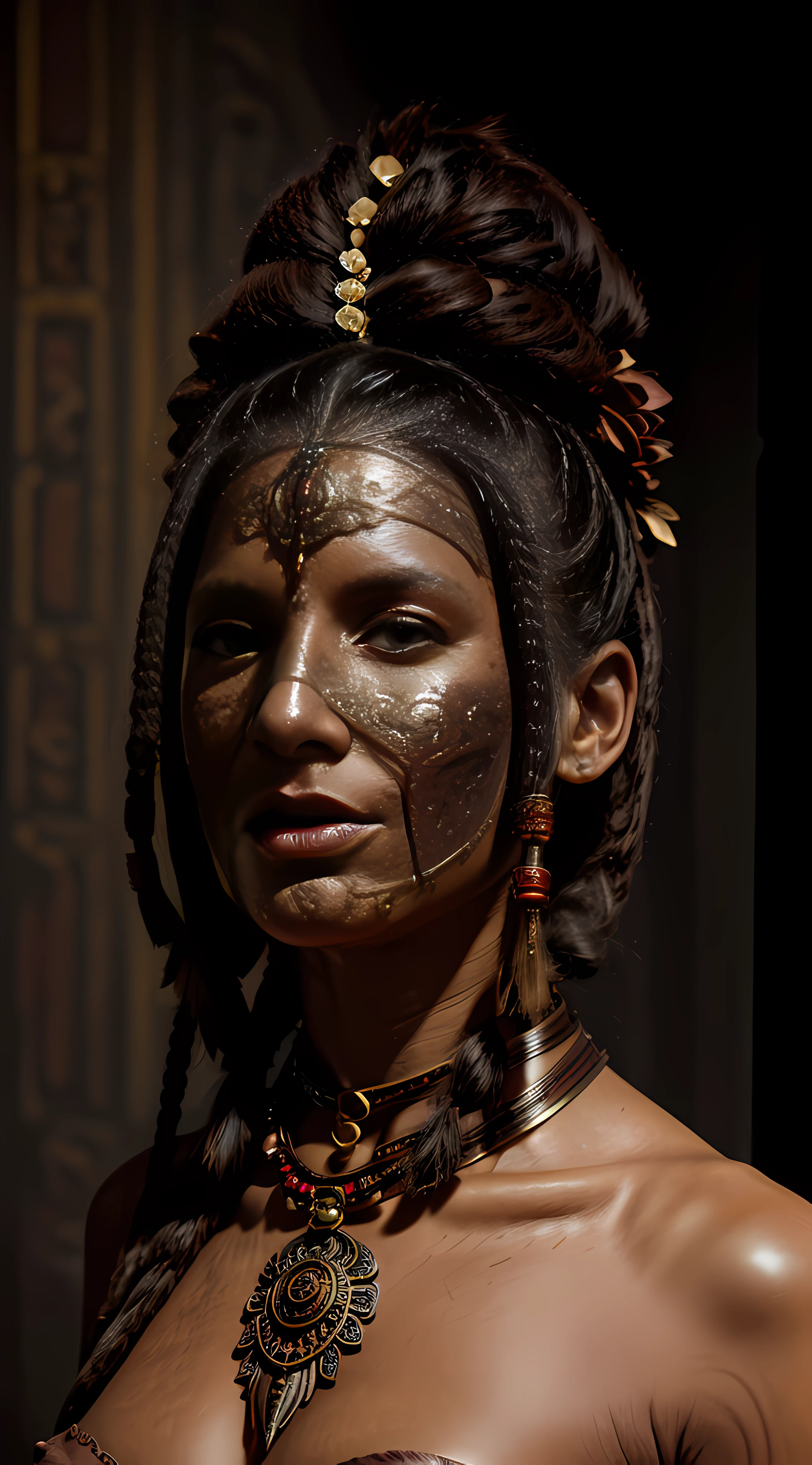 female tribe warrior with ancient gothic steampunk mask, red paintings on face, black mask, little golden flower jewelery around her neck and dreadlocks, great details, cinematic look, 8k, hdr