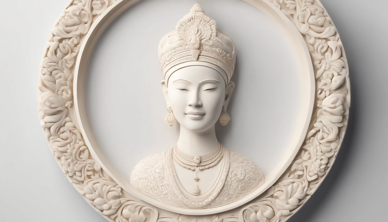 3D white frame, relief rounded frame, no object on the center of the frame, blank frame content, meticulously carved, white ivory carving, minimalistic, white spaces, javanese illustration on circled blank backgound, pastel, javanese style, blank background, multidimensional paper fog crafts, paper illustration, portrait angle view, surabaya, 8k,chick, elegant, satisfying, forrestrial, high resolution, 8k