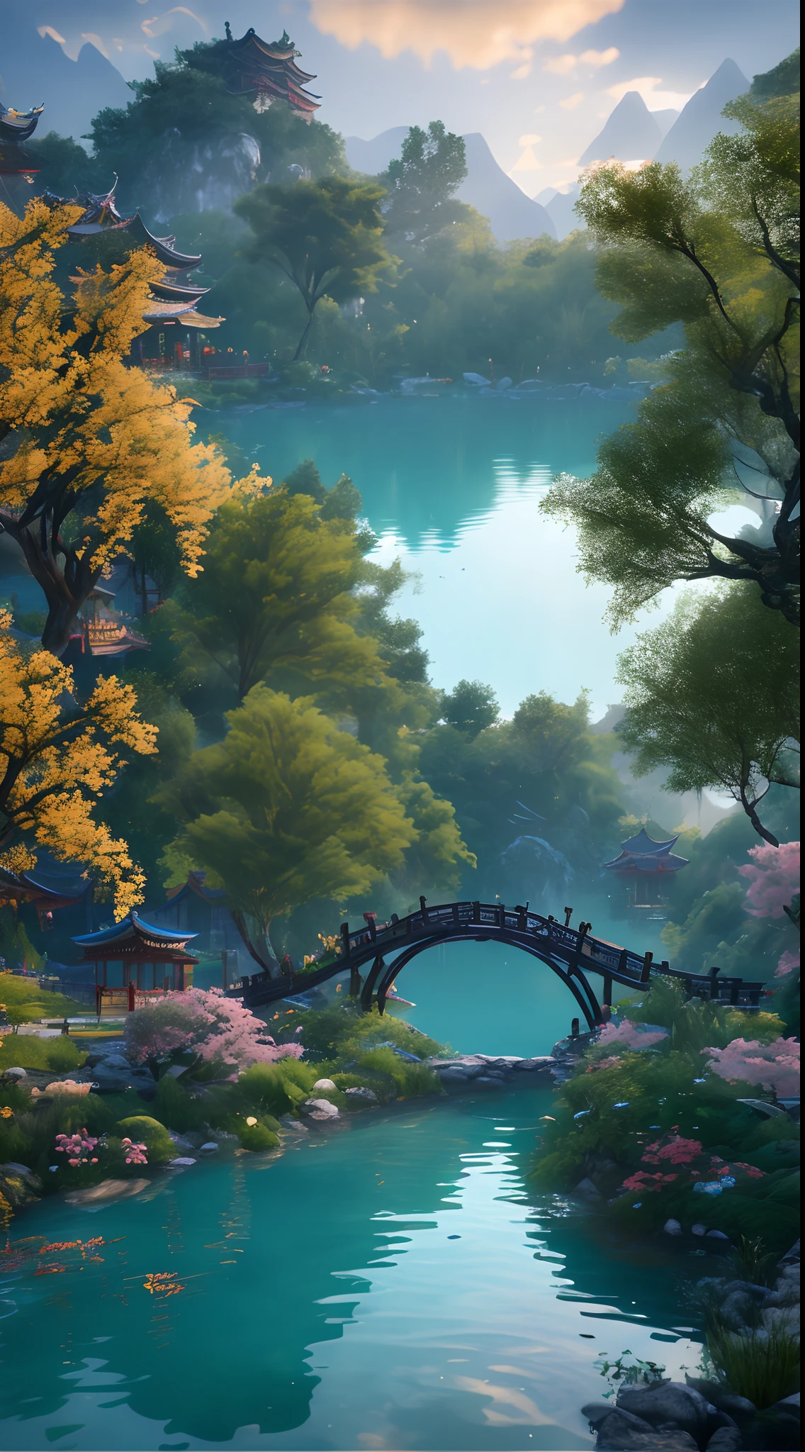 at dusk at golden hour,There are trees by the lake、Willows flying、Surrounded by turquoise water、small bridge flowing water、with an antique feel、The scent of flowers strikes、Warm as jade、Flowers、Water Village Scroll、Laid,Real Photographics,8K分辨率,Extreme light chasing,Super light and shadow,(Unreal Engine 5 Water Reflection 1.3)(Surreal 1.3)