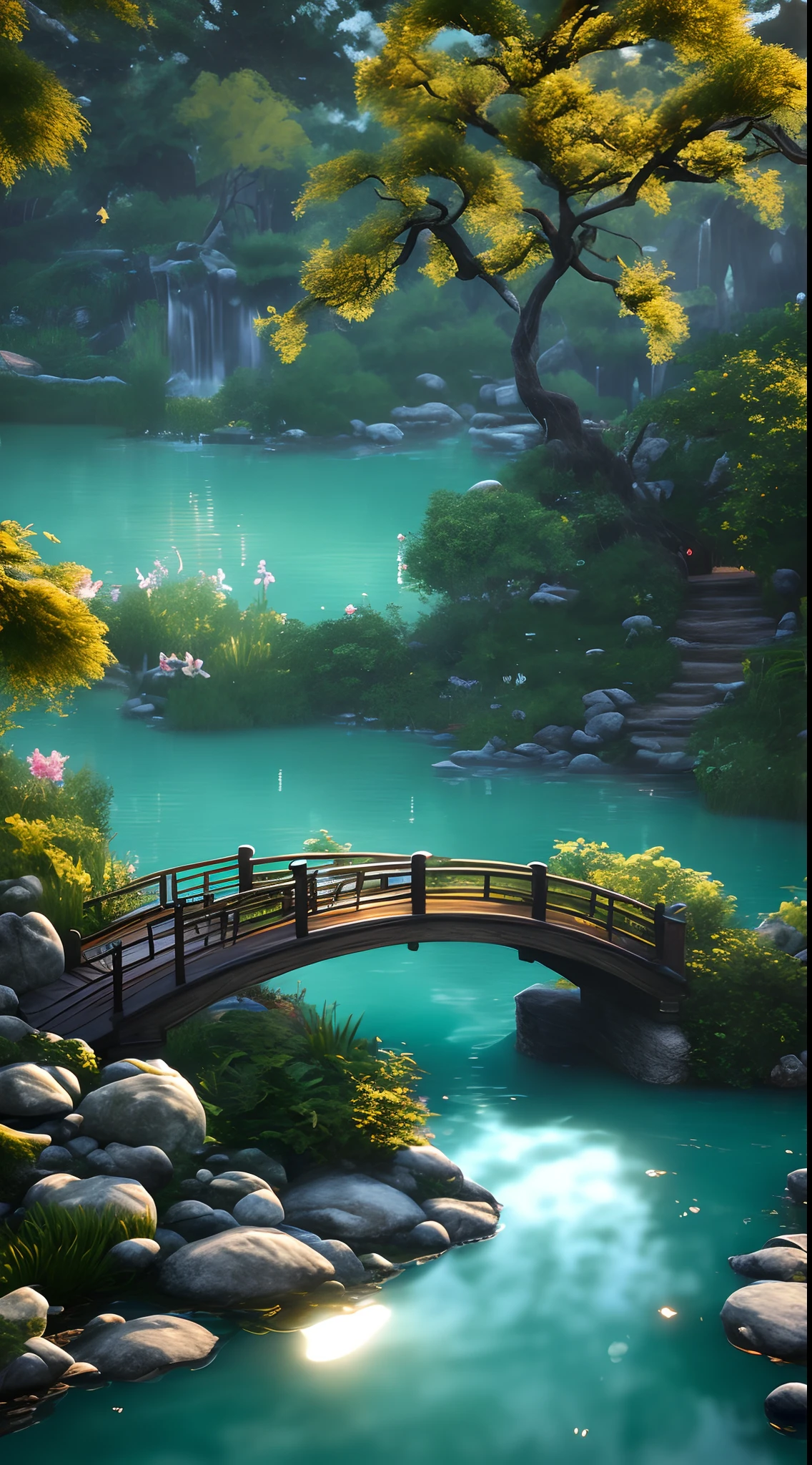 at dusk at golden hour，There are trees by the lake、Willows flying、Surrounded by turquoise water、small bridge flowing water、with an antique feel、The scent of flowers strikes、Warm as jade、Flowers、Water Village Scroll、Laid，Real Photographics，8K分辨率，Extreme light chasing，Super light and shadow，（Unreal Engine 5 Water Reflection 1.3）（Surreal 1.3）