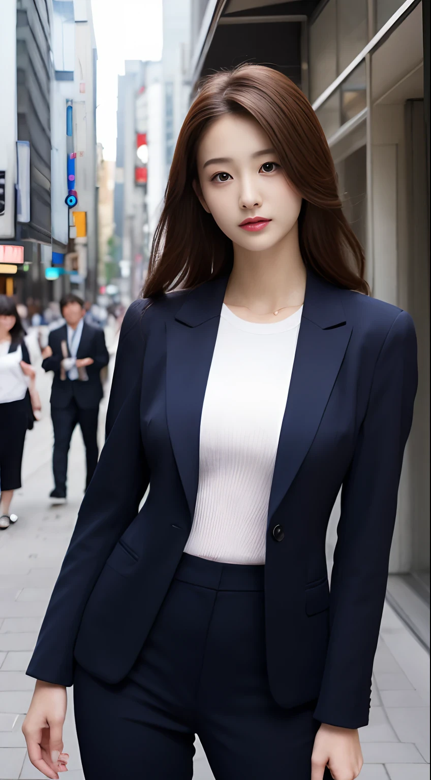 Woman in a suit standing on the sidewalk,((23-year-old woman))、small Breasts、Dark brown hair color、Hairstyle with bangs、Various hairstyles、Hairstyles of different lengths、(8k, RAW Photos, highest quality, Tabletop: 1.2),、(Realistic, Realistic: 1.3), Cityscape, Day, Sunny Morning, Professional Lighting, Photon Mapping, shirt, (Woman in a suit,) Silk Suit、Pencil Skirt、Tight Skirt、((Delicate photo))，(Detailed RAW Photos of Girls), (Tabletop:1.25), (highest quality:1.6), (超A high resolution:1.5), (Realistic:1.75), 8k resolution, Canon EOS R5, 50mm, absurdes, Ultra-detailed,Cinema Lighting, (Skirt Lift:1.5)、nsfw、the wind is strong、smile、Skirt flipped up, ((lace_panties)), beautiful pussy, nsfw,