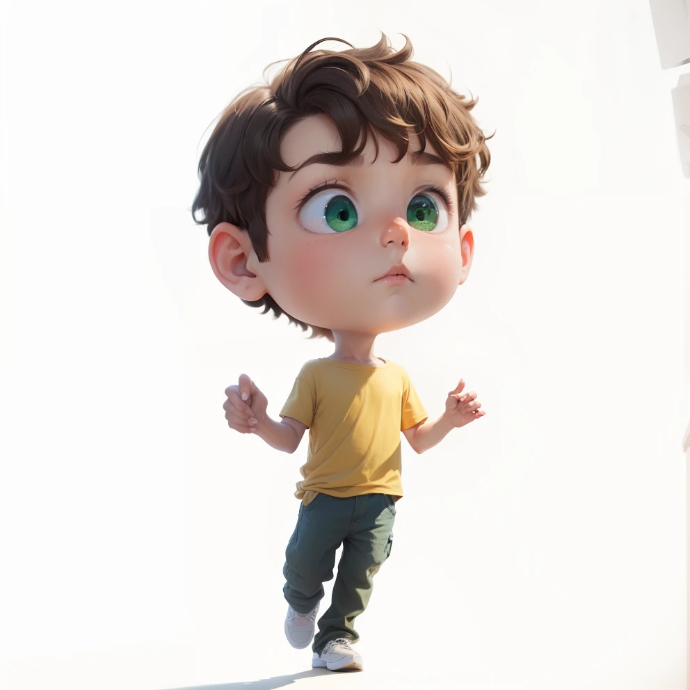 He has green eyes and is wearing a yellow shirt and is in profile with his hand on his chin watching intently