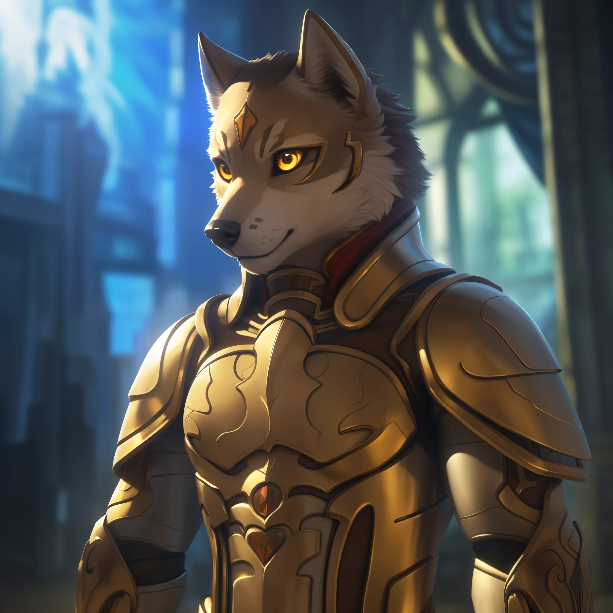 (golden-eyed standing wolf:1.1,cyborg armor:1.2,detailed hands:1.1),(best quality,4k,8k,highres,masterpiece:1.2),ultra-detailed,realistic:1.37,portrait,shining colors,soft lighting