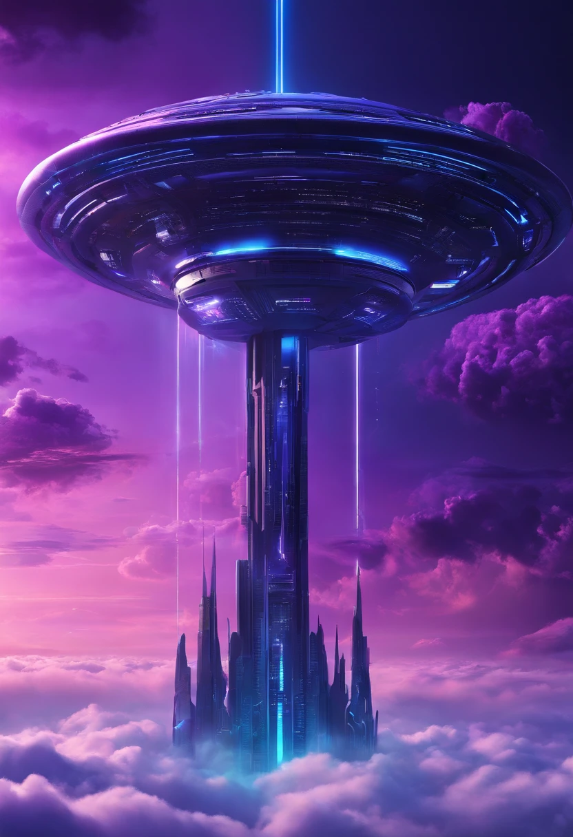 Futuristic alien spaceship flying above the clouds, dark sky, purple color lighting, Rain,Lightning, Hyper realistic, Highly detailed,8K