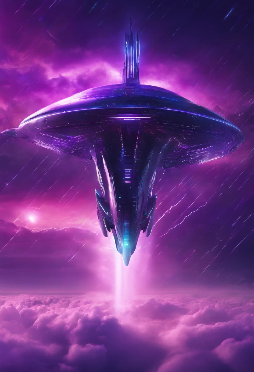 Futuristic alien spaceship flying above the clouds, dark sky, purple color lighting, Rain,Lightning, Hyper realistic, Highly detailed,8K