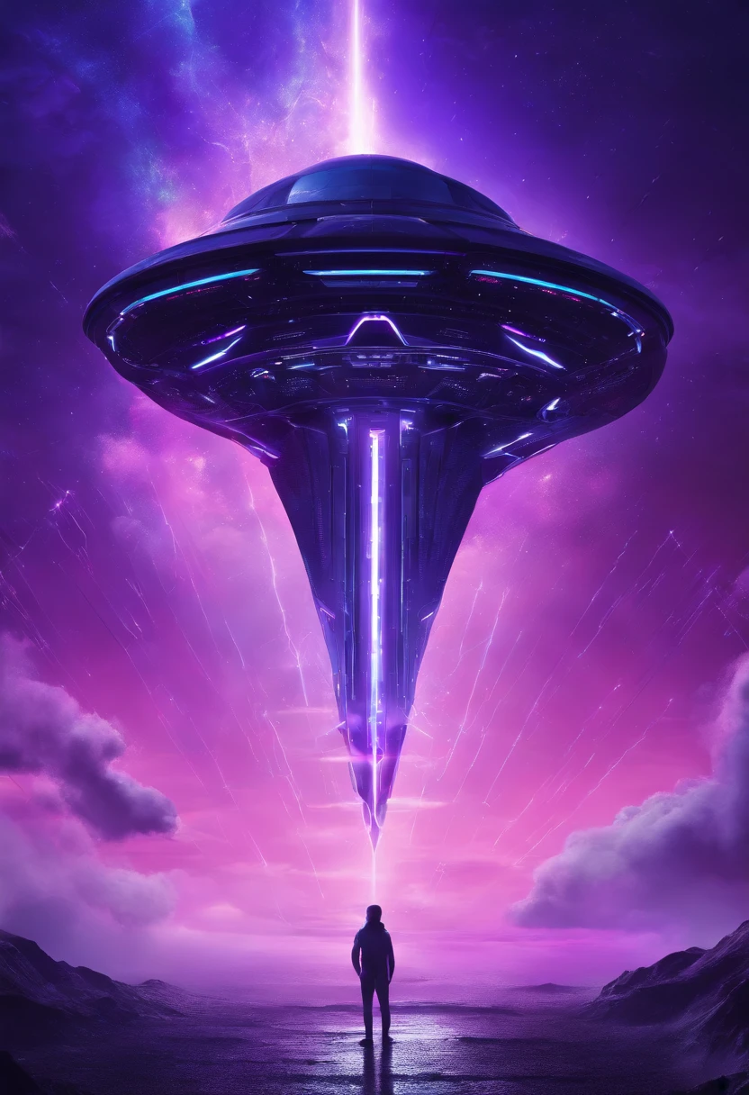Futuristic alien spaceship flying above the clouds, dark sky, purple color lighting, Rain,Lightning, Hyper realistic, Highly detailed,8K