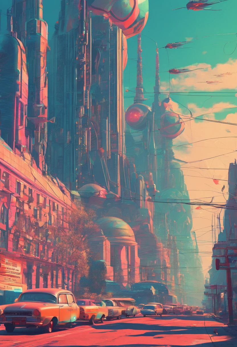 retrofuturism, streets of ((((soviet union)))), utopian future, androids, flying droids, overgrown buildings, winter, (starry night), neon lights, 4k, wallpaper,Science Fiction,Lighting,Environmental Concept Art & Design,Digital 3D,Character Modeling,3D,realistic,textures,cgi,environment,((Simon Stalenhag)),concept,Environmental Concept Art & amp Design,scifi