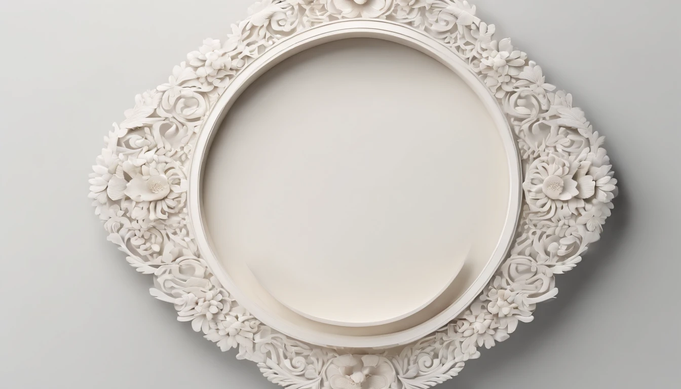 3D white frame, relief rounded frame, no object on the center of the frame, blank frame content, meticulously carved, white ivory carving, minimalistic, white spaces, javanese illustration on circled blank backgound, pastel, javanese style, blank background, multidimensional paper fog crafts, paper illustration, portrait angle view, surabaya, 8k,chick, elegant, satisfying, forrestrial, high resolution, 8k