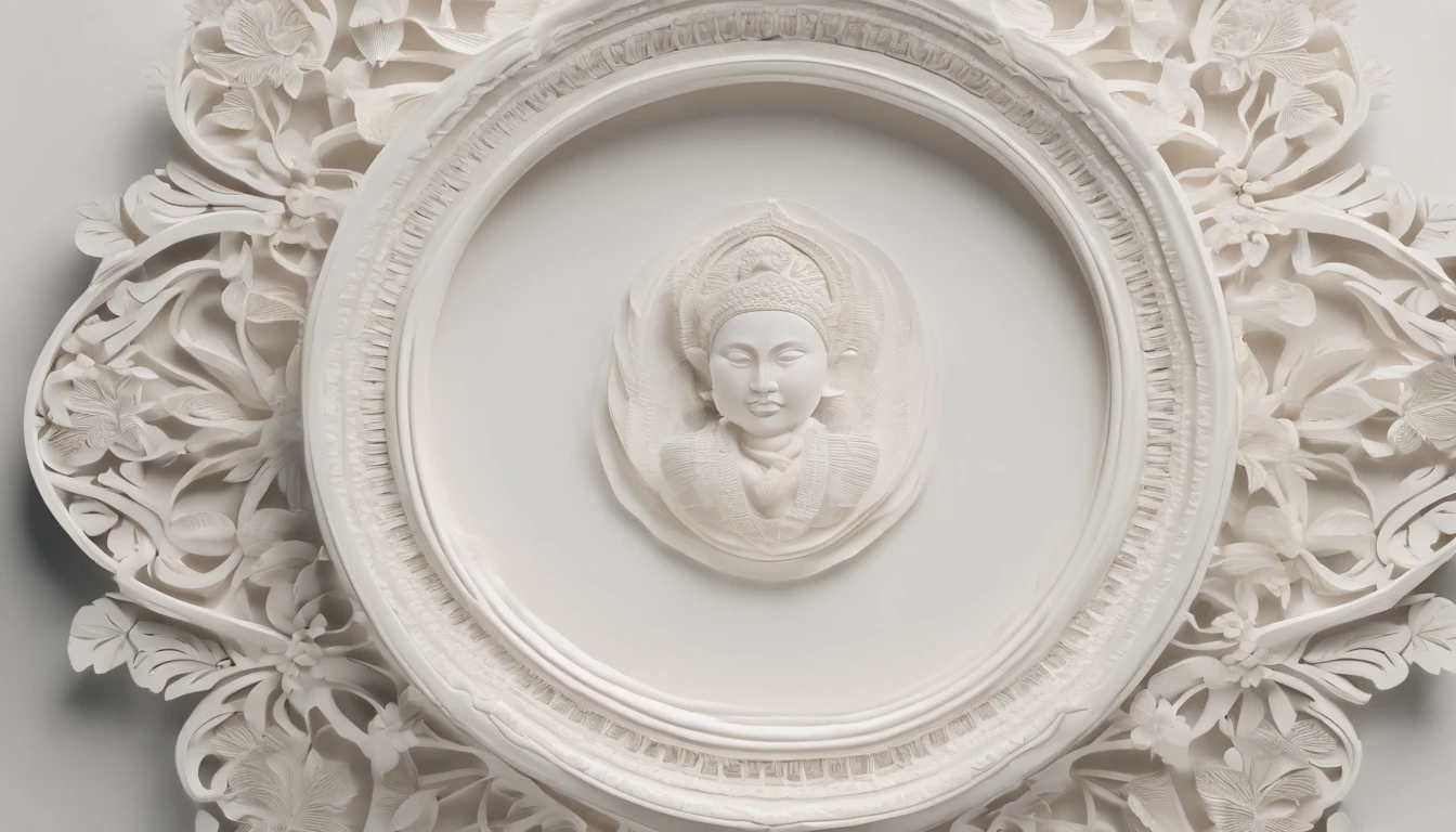 3D white frame, relief rounded frame, no object on the center of the frame, blank frame content, meticulously carved, white ivory carving, minimalistic, white spaces, javanese illustration on circled blank backgound, pastel, javanese style, blank background, multidimensional paper fog crafts, paper illustration, portrait angle view, surabaya, 8k,chick, elegant, satisfying, forrestrial, high resolution, 8k
