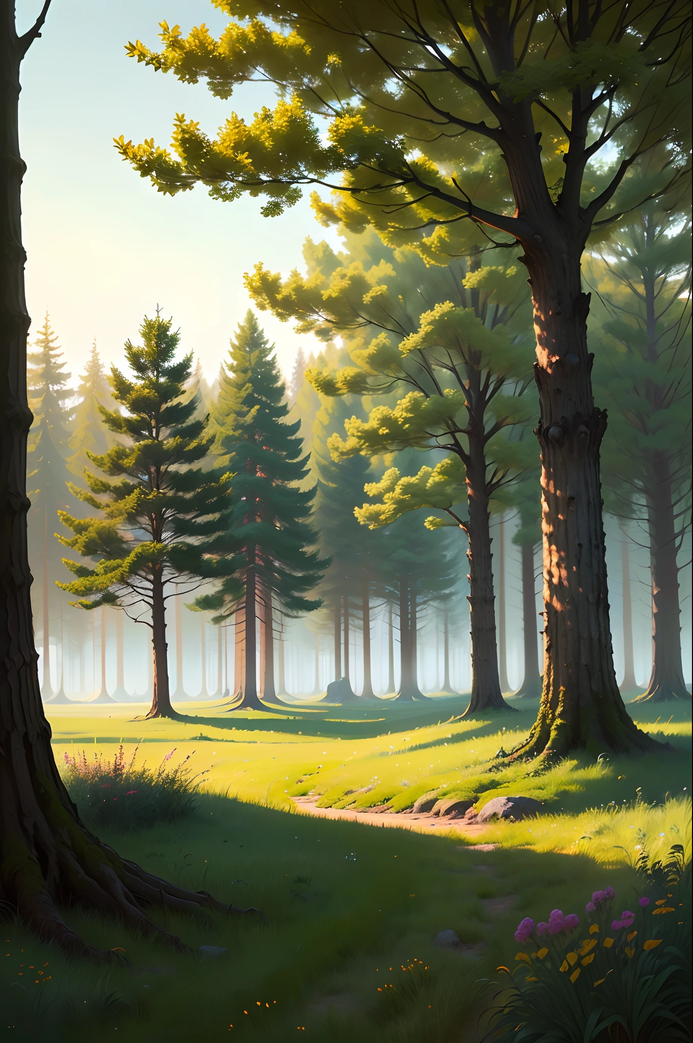 in the early morning,grassy fields,the woods