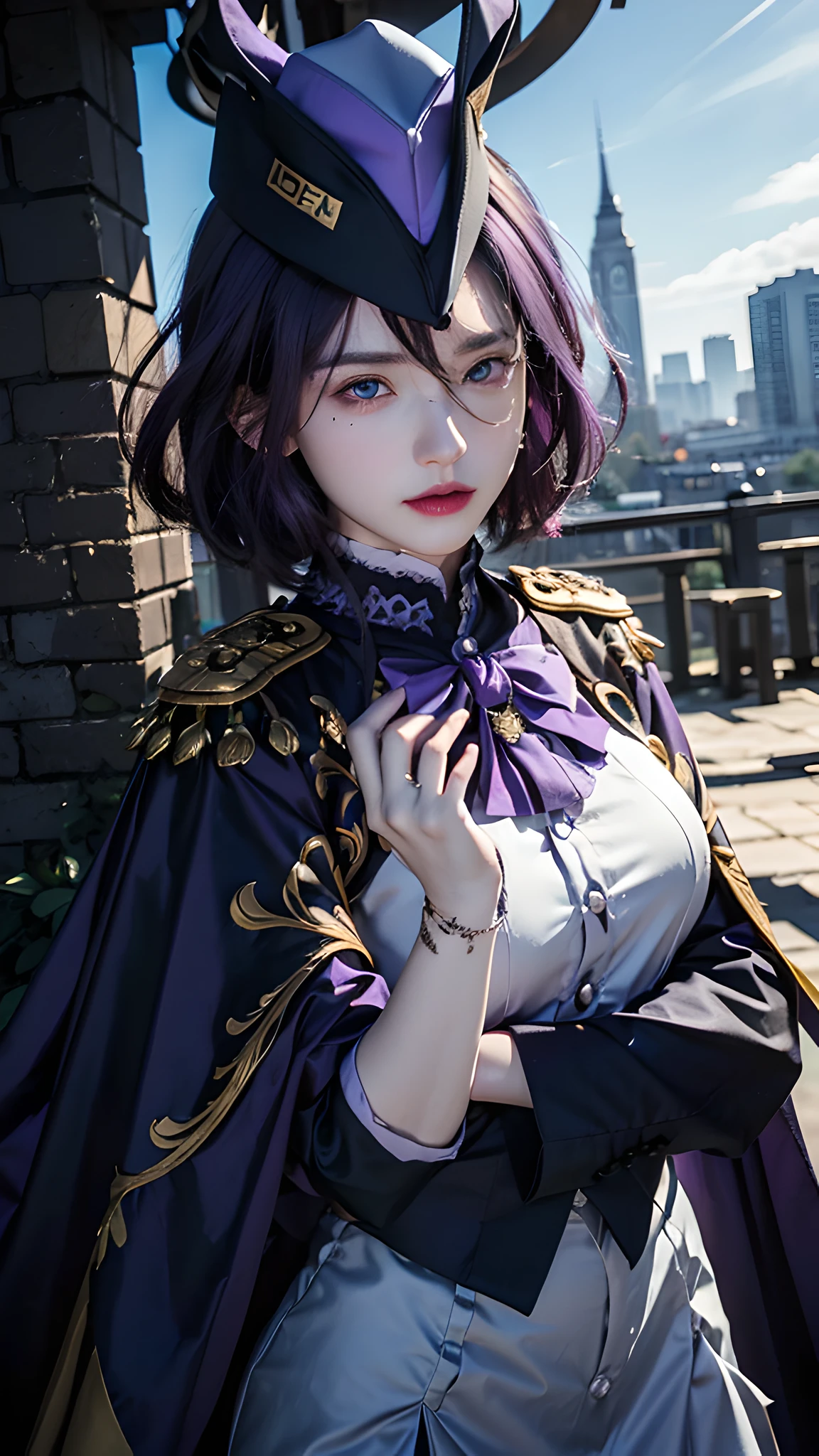 (photorealistic:1.4), best quality, masterpiece, ultra high res, 1girl, (detailed face:1.2), (detailed eyes:1.2), (detailed hair:1.2), (detailed clothes:1.2), 4k, (detailed color:1.2), perfect finger, (purple short hair:1.2, (light purple eyes:1.2), hat,