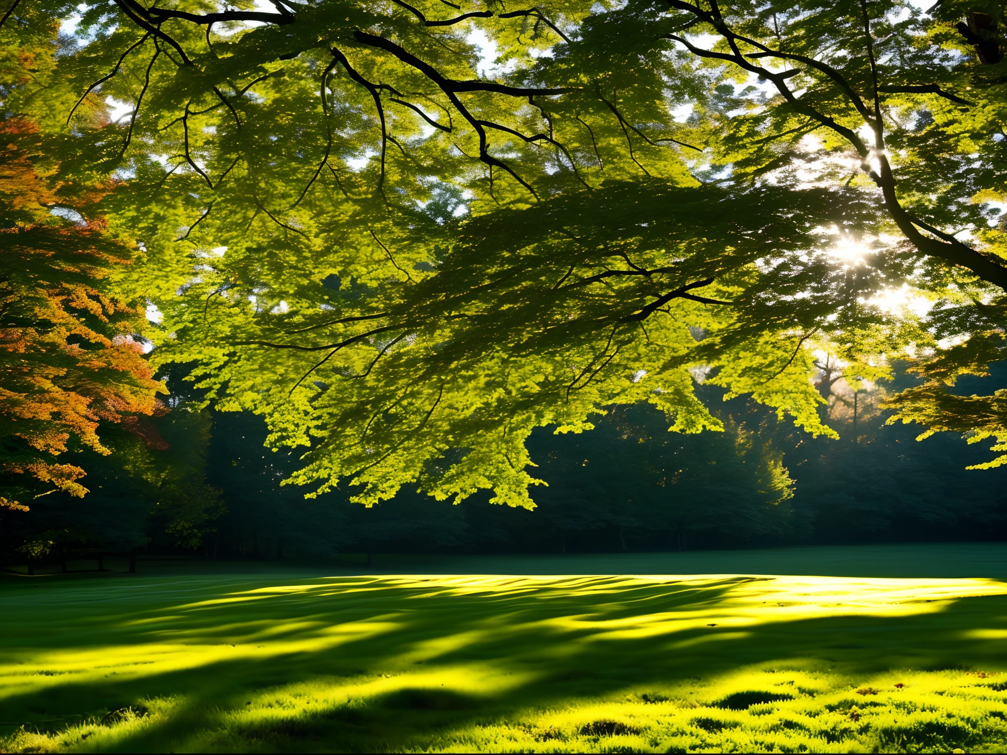 In the early morning,sunshines through the leaves,Irradiating on forest meadows