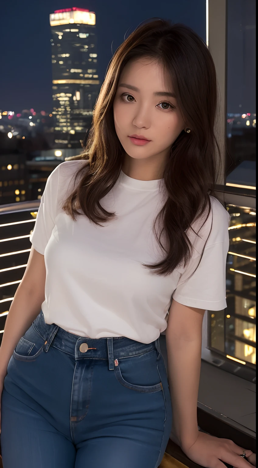 ((midynight、top-quality、8K、tmasterpiece:1.3)), full bodyesbian, long leges, foco nítido:1.2, A Beautiful Woman with Perfect Figure:1.4, Slender abs:1.1, ((dark brown  hair、huge tit:1.2)), (white tight t-shirt、skintight jeans 、It's standing:1.2), ((night cityscape、on the rooftop:1.3)), Highly detailed facial and skin texture, A detailed eye, 二重まぶた
