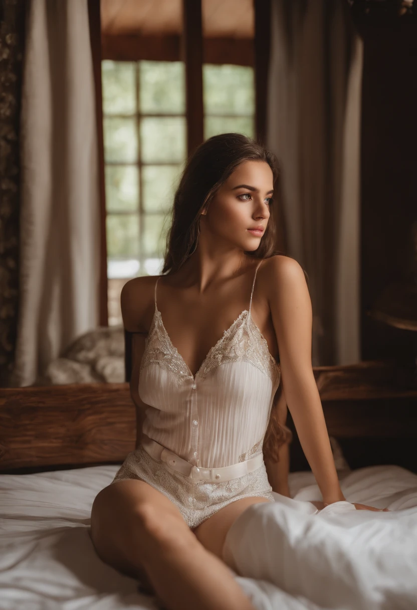 Realistic girl , braune Augen, braune Haare, Latein, realistische gesichtsstruktur, gut trainierter, but not too thin model making, beautiful realistic face, Portrait photo of the whole body, round breasts, schlank, Sitting on a bed in a cozy wooden house, das im wald steht, eher helles bild, person sieht aus wie jenna ortega