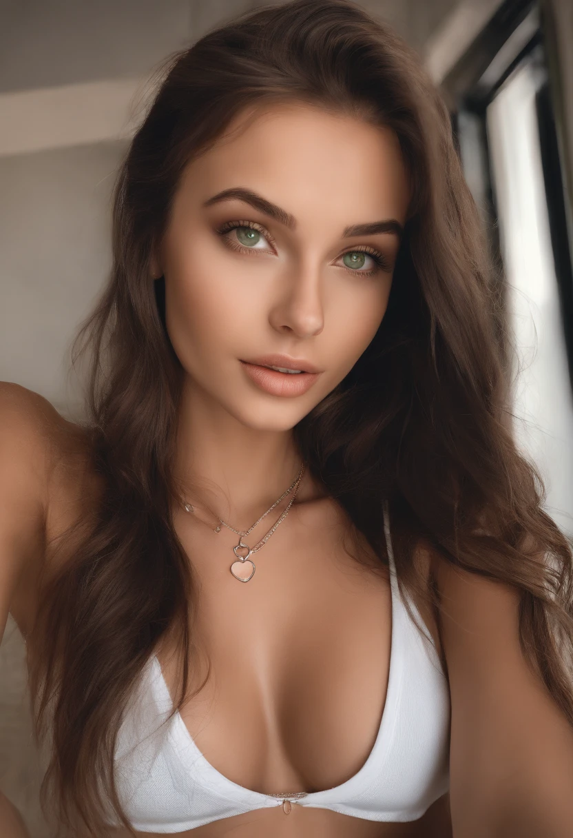 arafed woman with a white tank top and a necklace, sexy girl with green eyes, portrait sophie mudd, brown hair and large eyes, selfie of a young woman, bedroom eyes, violet myers, without makeup, natural makeup, looking directly at the camera, face with artgram, subtle makeup, stunning full body shot, piercing green eyes, beautiful angle, attractive pose, cute girl, sexy pose, full body picture, full body, full body shoot, brunette goddess, high detail, satisfied pose, swimwear