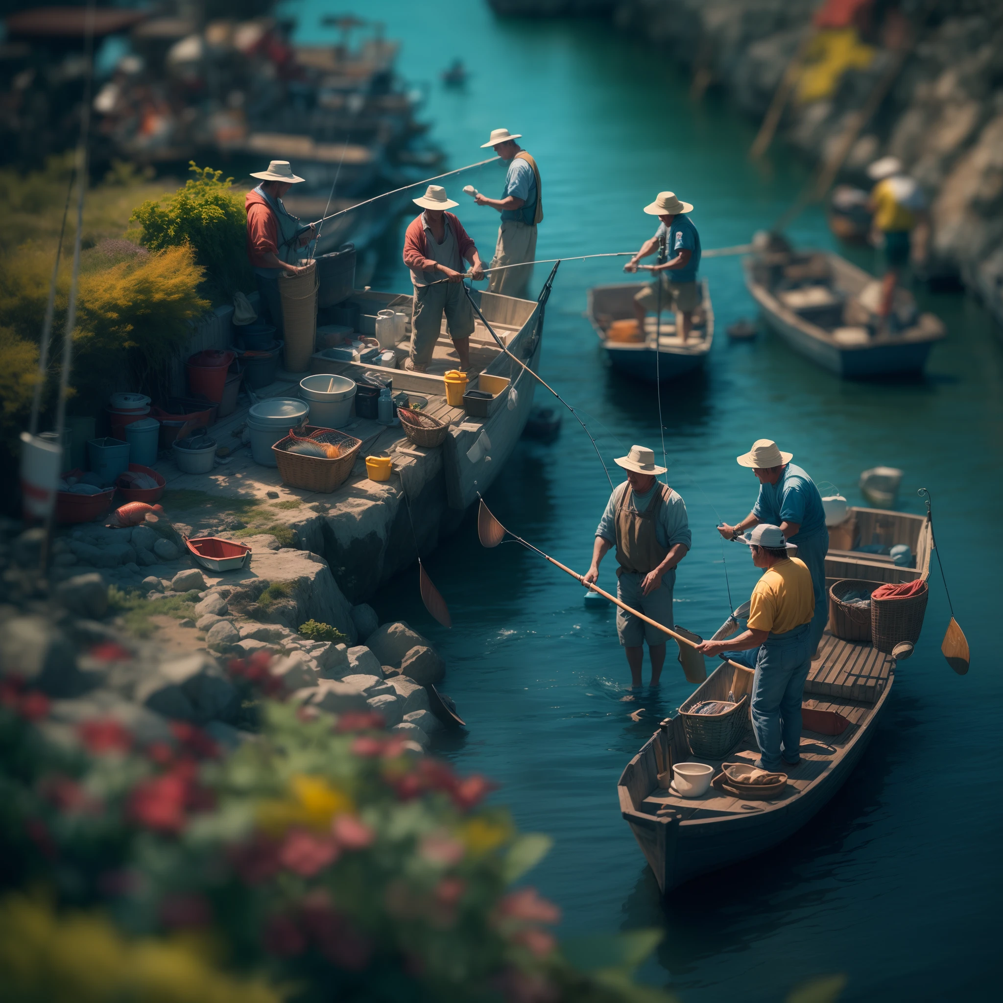 (Tilt-Shift:1.4),Fishermen fishing,(extremely colorful, Best quality, high detailed, Masterpiece, Cinematic Lighting, 4K, Chiaroscuro)
