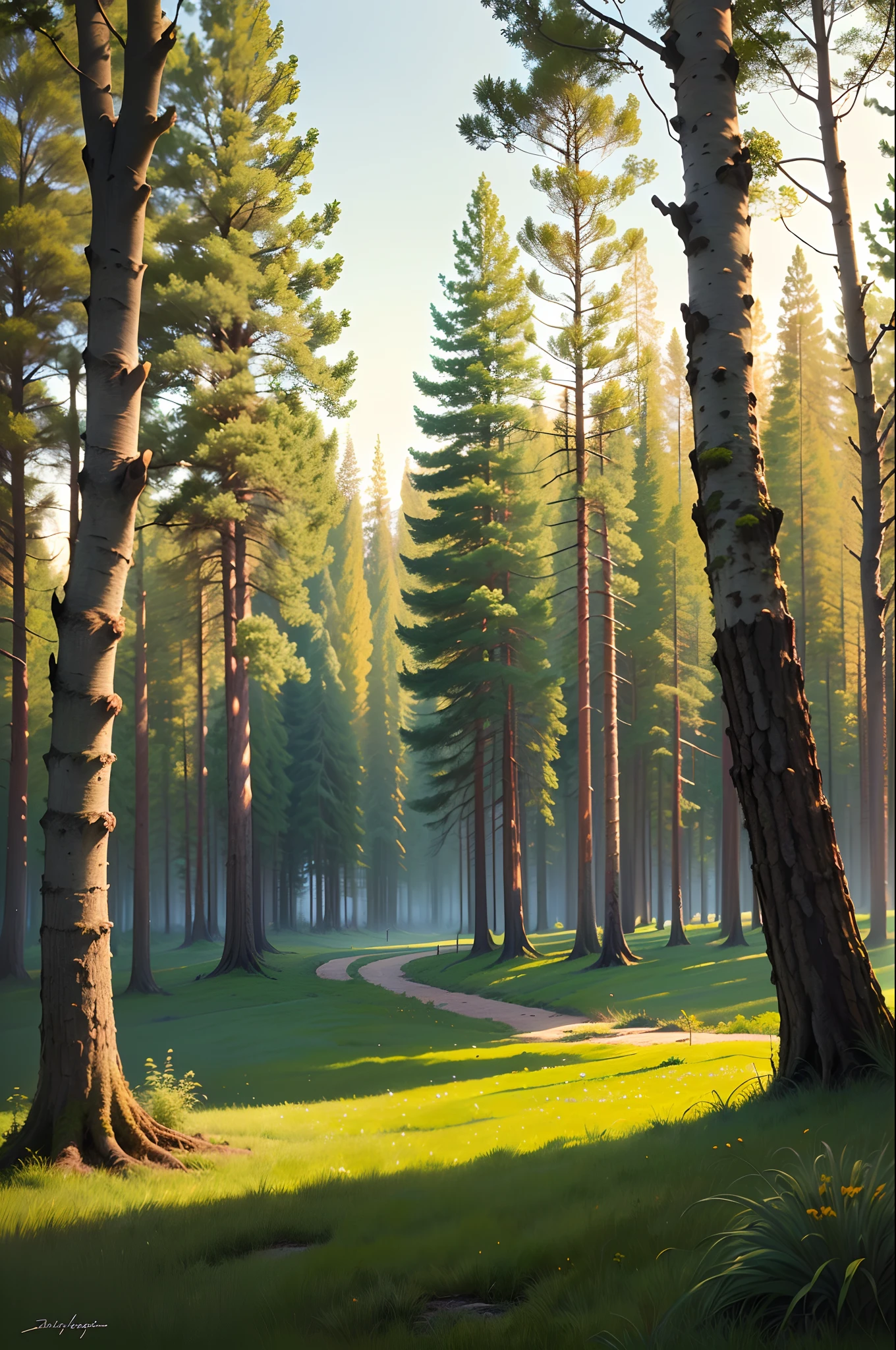 in the early morning，grassy fields，the woods