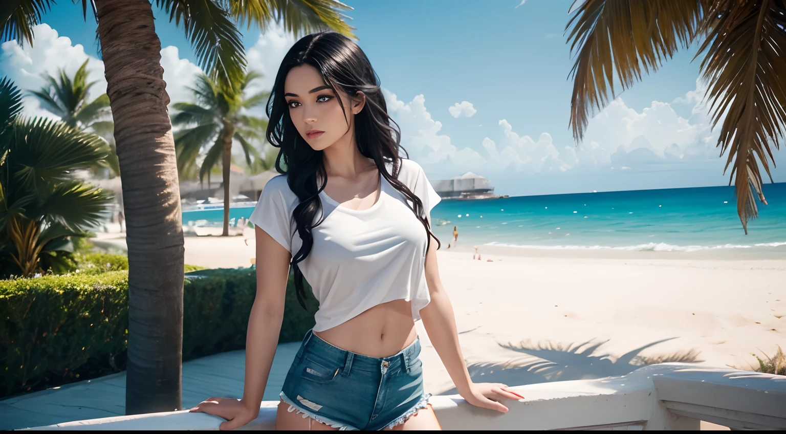 (Beautiful 25-year-old female Greek model), (Long black hair), (pale-skin), (Detailed sweaty appearance), (serious face), (Dressed in a white revealing and see-through Greek maiden costume), Front view, Waist Up Shot, Dynamic Pose, Ambient lighting, photo realism, Intricate facial details, Intricate hand details, highly detaild, vibrant colours, films, High definition, Fashionable at Artstation - Style Raw, Sunny weather, Medium Tits, seaside, waves, palm tree, White t-shirt and ripped shorts, Sunny weather, Medium Tits, seaside, waves, palm tree, White t-shirt and ripped shorts, Sunny weather, Medium Tits, seaside, waves, palm tree, White t-shirt and ripped shorts, Sunny weather, Medium Tits, seaside, waves, palm tree, White t-shirt and ripped shorts, Sunny weather, Medium Tits, seaside, waves, palm tree, White t-shirt and ripped shorts