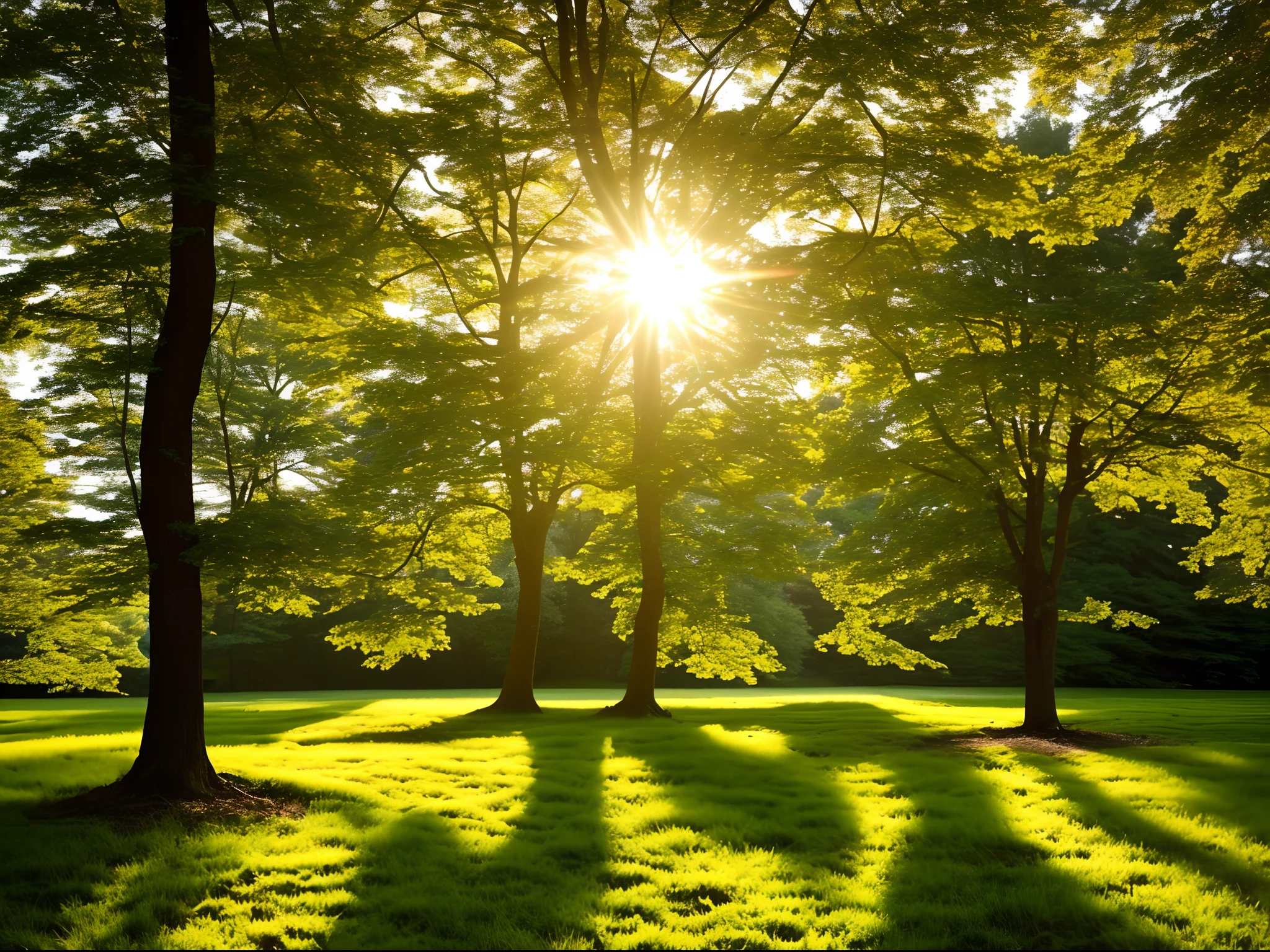 In the early morning,sunshines through the leaves,Irradiating on forest meadows