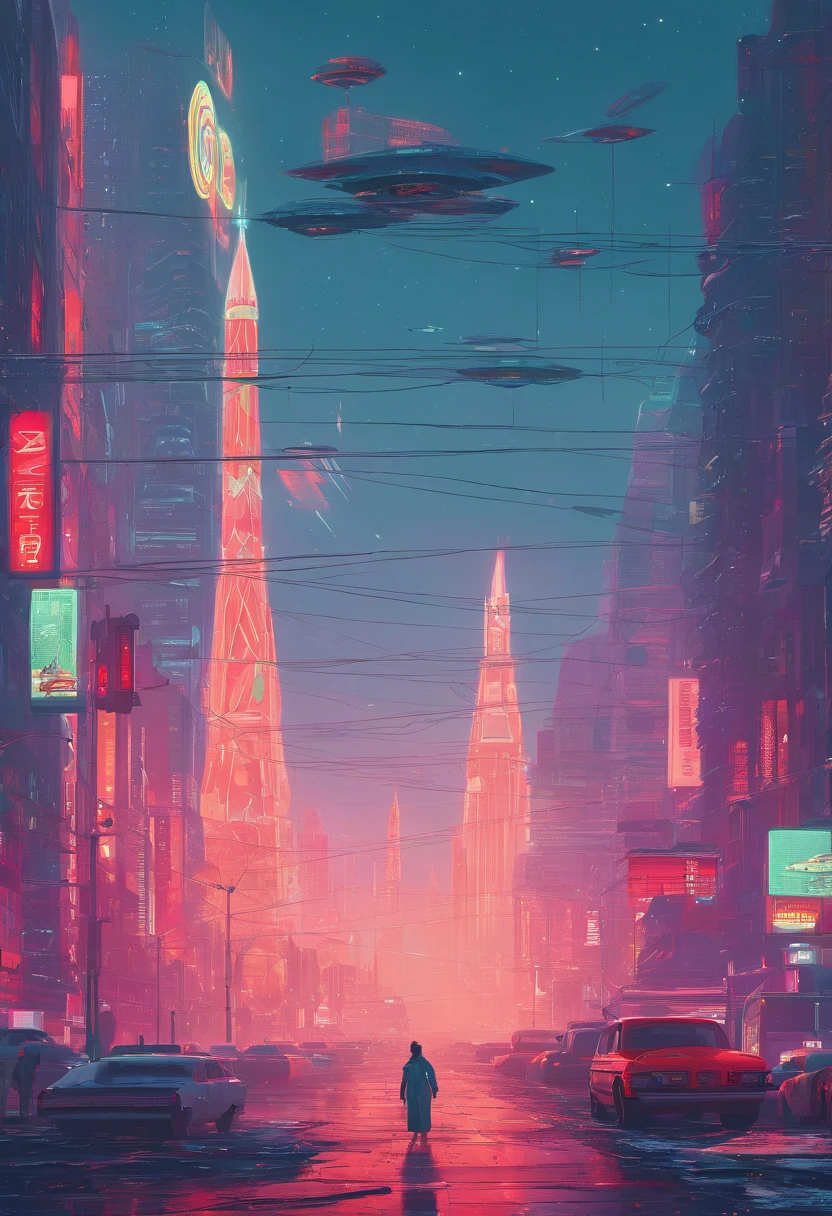 retrofuturism, streets of ((((soviet union)))), utopian future, androids,  flying droids, overgrown buildings, winter, (starry night), neon lights,  4k, wallpaper,Science Fiction,Lighting,Environmental Concept Art &amp; Design,Digital 3D,Character Modeling,3D,realistic,textures,cgi,environment,((Simon Stalenhag)),concept,Environmental Concept Art &amp; amp Design,scifi