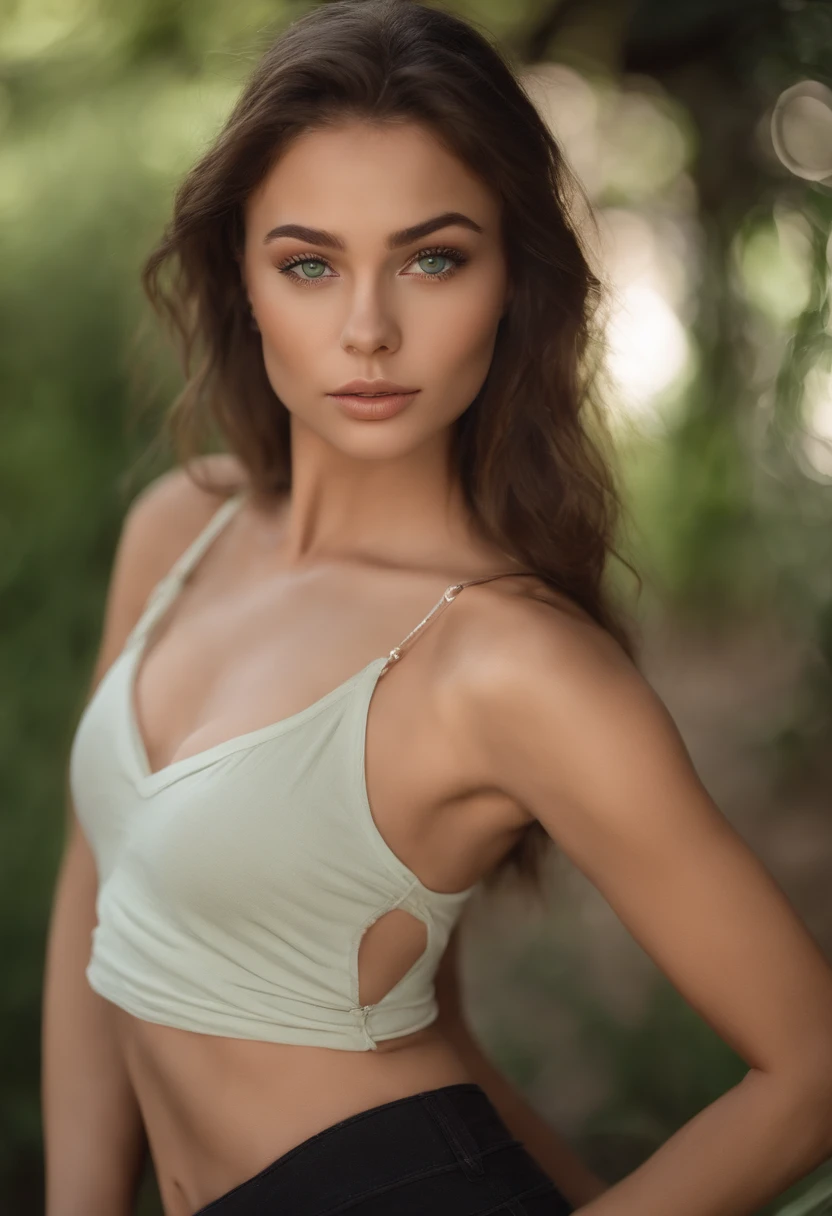 best qualtiy, photos realistic, 4K, Beautiful brunette busty girl, NSFW, verd s eyes, full body Esbian, bikini, Perfect and beautiful face, smallunderboob, With fair skin,::n_did, mutations, Ugly hands, Text messages,