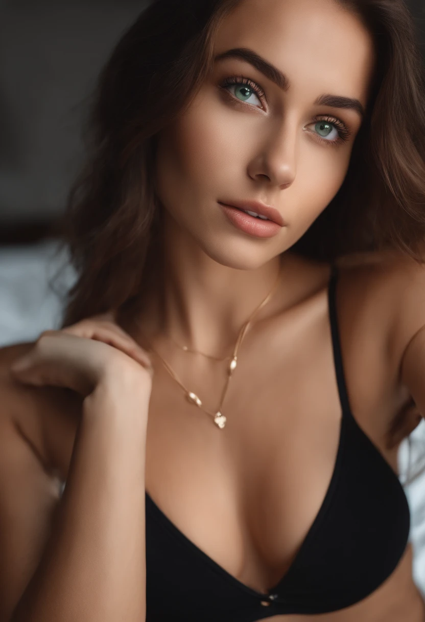 arafed woman with a white tank top and a necklace, sexy girl with green eyes, portrait sophie mudd, brown hair and large eyes, selfie of a young woman, bedroom eyes, violet myers, without makeup, natural makeup, looking directly at the camera, face with artgram, subtle makeup, stunning full body shot, piercing green eyes, beautiful angle, attractive pose, cute girl, sexy pose, full body picture, full body, full body shoot, brunette goddess, high detail, satisfied pose, one piece swimwear