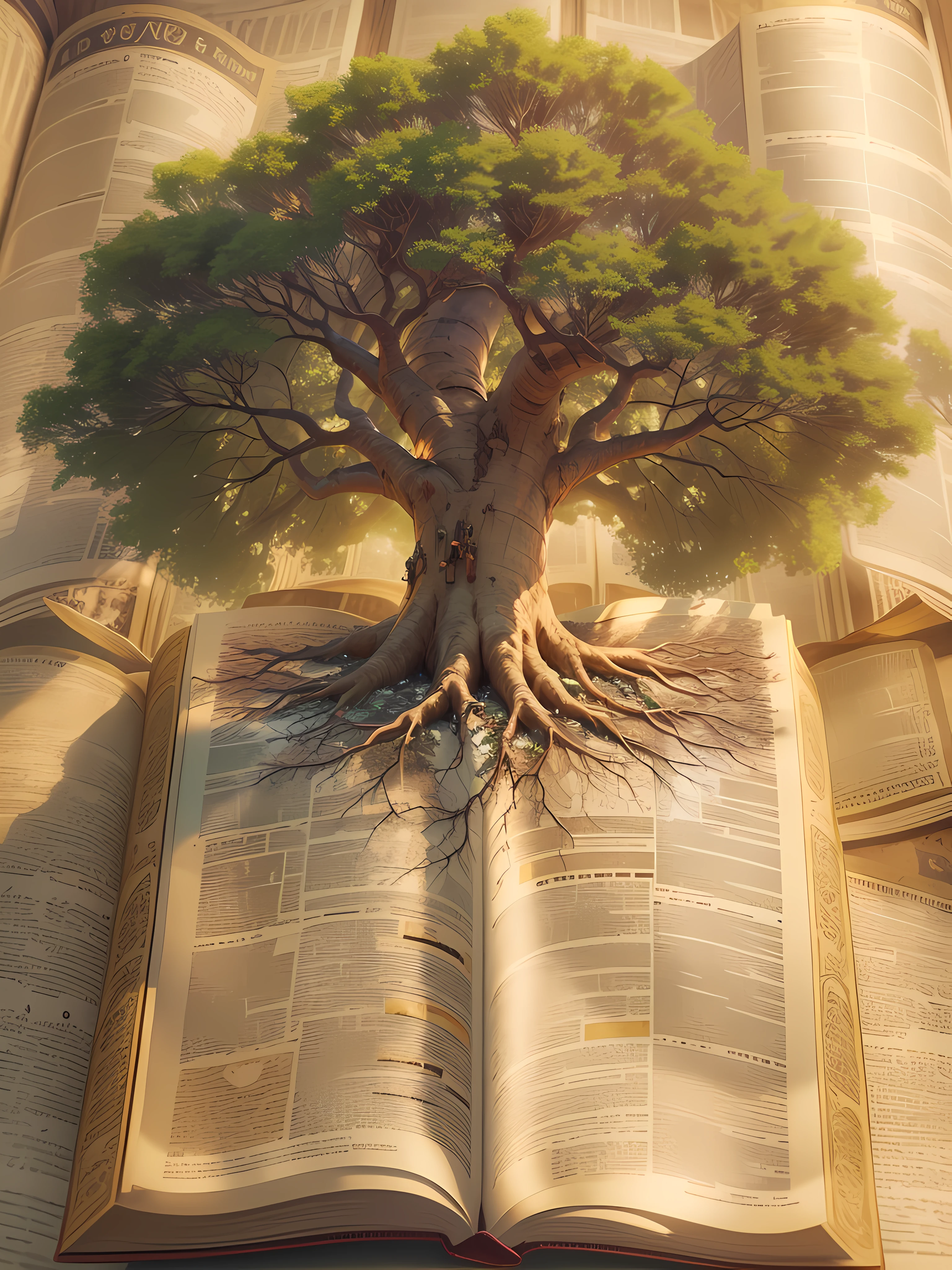 tree of life, with its roots immersed in Holy Scripture, photorealistic, sunny day, 8k