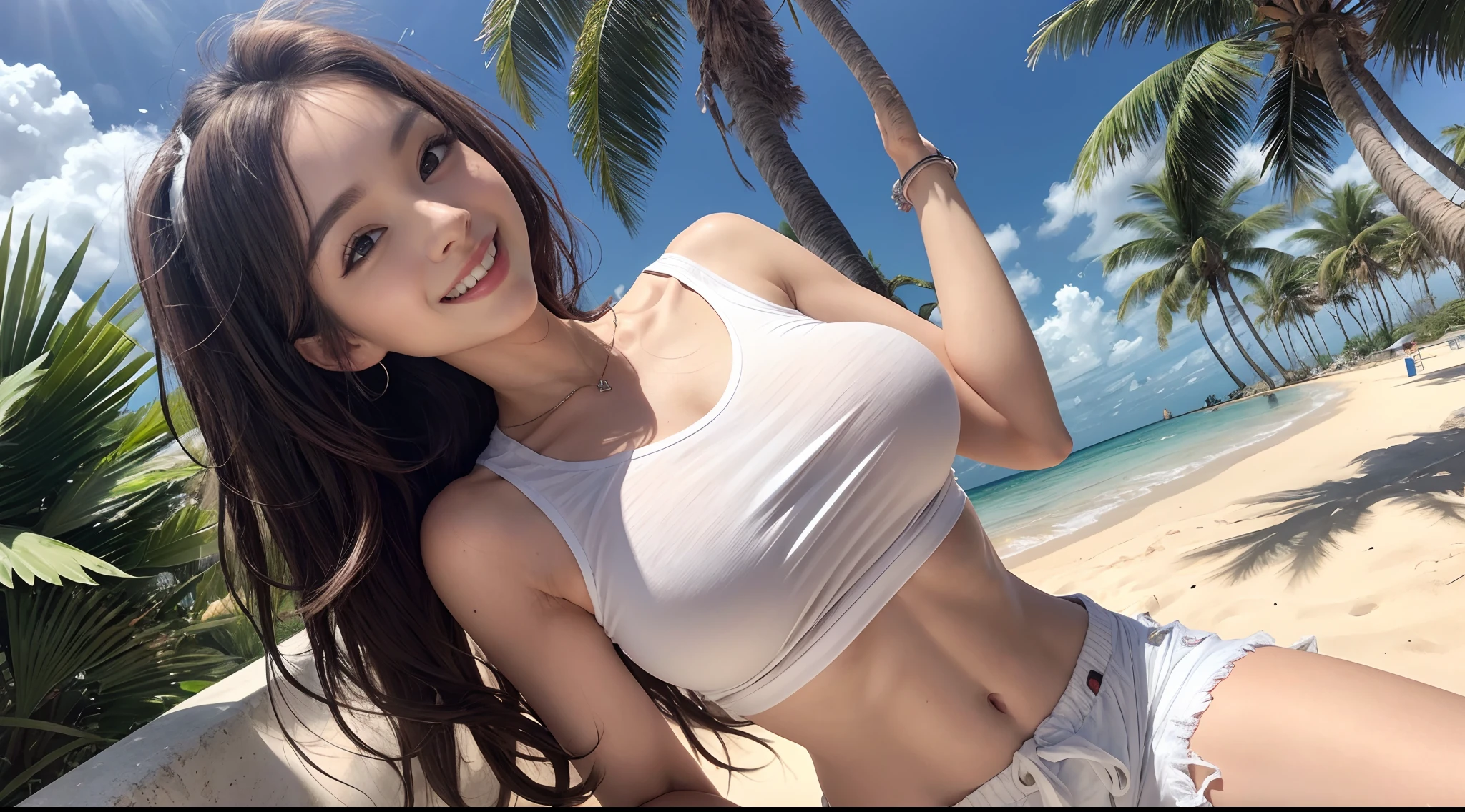 8K, Masterpiece, Raw foto, Best Quality, Photorealistic, Extremely detailed CG unity 8k wallpaper, Depth of field, Cinematic light, lens flares, Ray traching, (extremely beautiful face, beautiful lips, beautidful eyes), Intricate detail face, ((ultra detail skin)) 1girll, Pretty Korean Girl, kpop-idol, 1 Girl, (Very slender and slender muscular body:1.3), ((looking up at viewer)),(big grin:1.3), (sleeveless) , beautiful earrings, wristband, necklaces, Clear eyes, (pale-skin), (Big Eyes), Facing Forward, ((upper body shot)), (ligh brown hair),(looking up at viewer:1.3) open chest, Very slim, Medium Tits, Revert, Backshot, , Sunny weather, Medium Tits, seaside, waves, palm tree, White t-shirt and ripped shorts, Sunny weather, Medium Tits, seaside, waves, palm tree, White t-shirt and ripped shorts, Sunny weather, Medium Tits, seaside, waves, palm tree, White t-shirt and ripped shorts, Sunny weather, Medium Tits, seaside, waves, palm tree, White t-shirt and ripped shorts, Sunny weather, Medium Tits, seaside, waves, palm tree, White t-shirt and ripped shorts, Sunny weather, Medium Tits, seaside, waves, palm tree, White t-shirt and ripped shorts, Sunny weather, Medium Tits, seaside, waves, palm tree, White t-shirt and ripped shorts, Sunny weather, Medium Tits, seaside, waves, palm tree, White t-shirt and ripped shorts