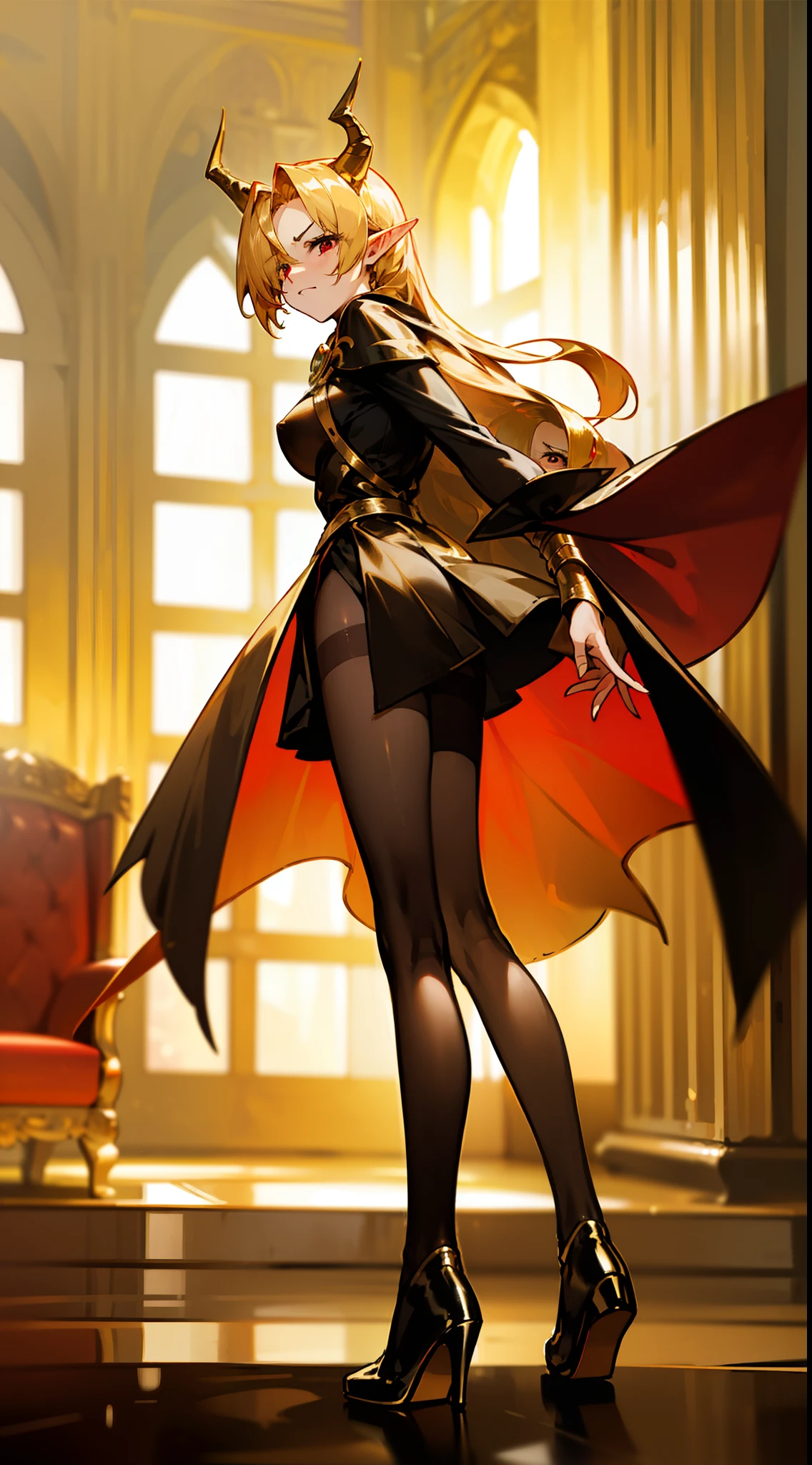 1woman,40s,solo,angry face,golden and black short dress,medium tits,golden hair,long hair,red eyes,elves ears,golden horns,pantyhose,((cape)),hair over one eye,gold high heels,(((standing in front of a room inside a castle)))