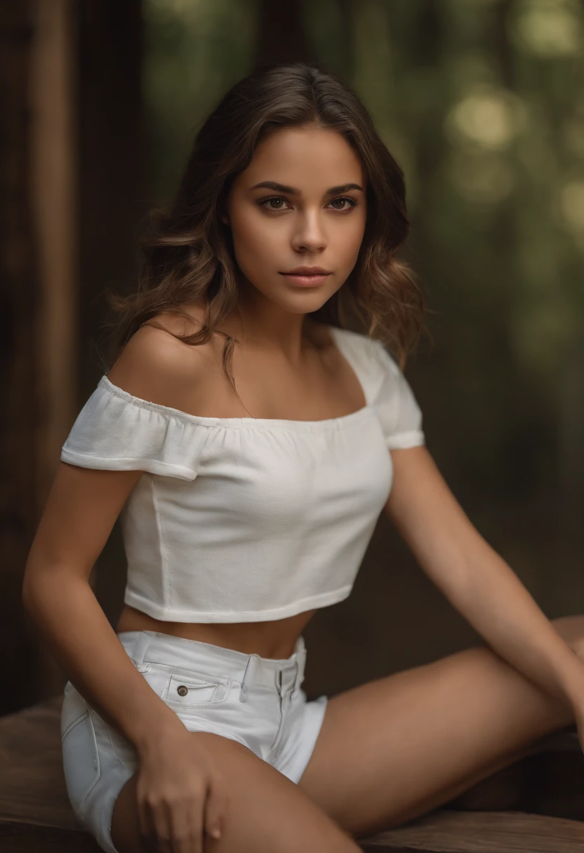 Realistic girl, ca. 165m 16 Jahre alt, braune Augen, braune Haare, Latina, realistische gesichtsstruktur, gut trainierter, but not too thin model body, beautiful realistic face, Portrait photo of the whole body, round breasts, schlank, Sitting on a bed in a cozy wooden house, das im wald steht, eher helles bild, Girl looks like Jenna Ortega, Wears a white crop top and white short hot pants