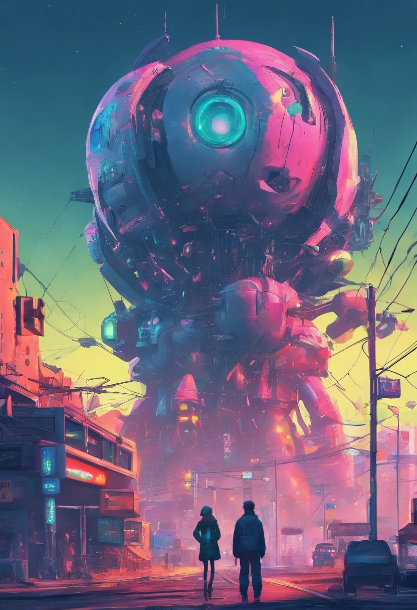 retrofuturism, Street, The future of utopia, android, Flying Droid, Overgrown buildings, Winters, (starry nights), neon light, 4K, wall-paper,科幻小说,illuminating,Environmental concept art&designs,digital 3 d,Character modeling,3D,Real Stick,textured,CGI,environment,((Simon Stalenhag)),concept,Environmental concept art&designs,SF
