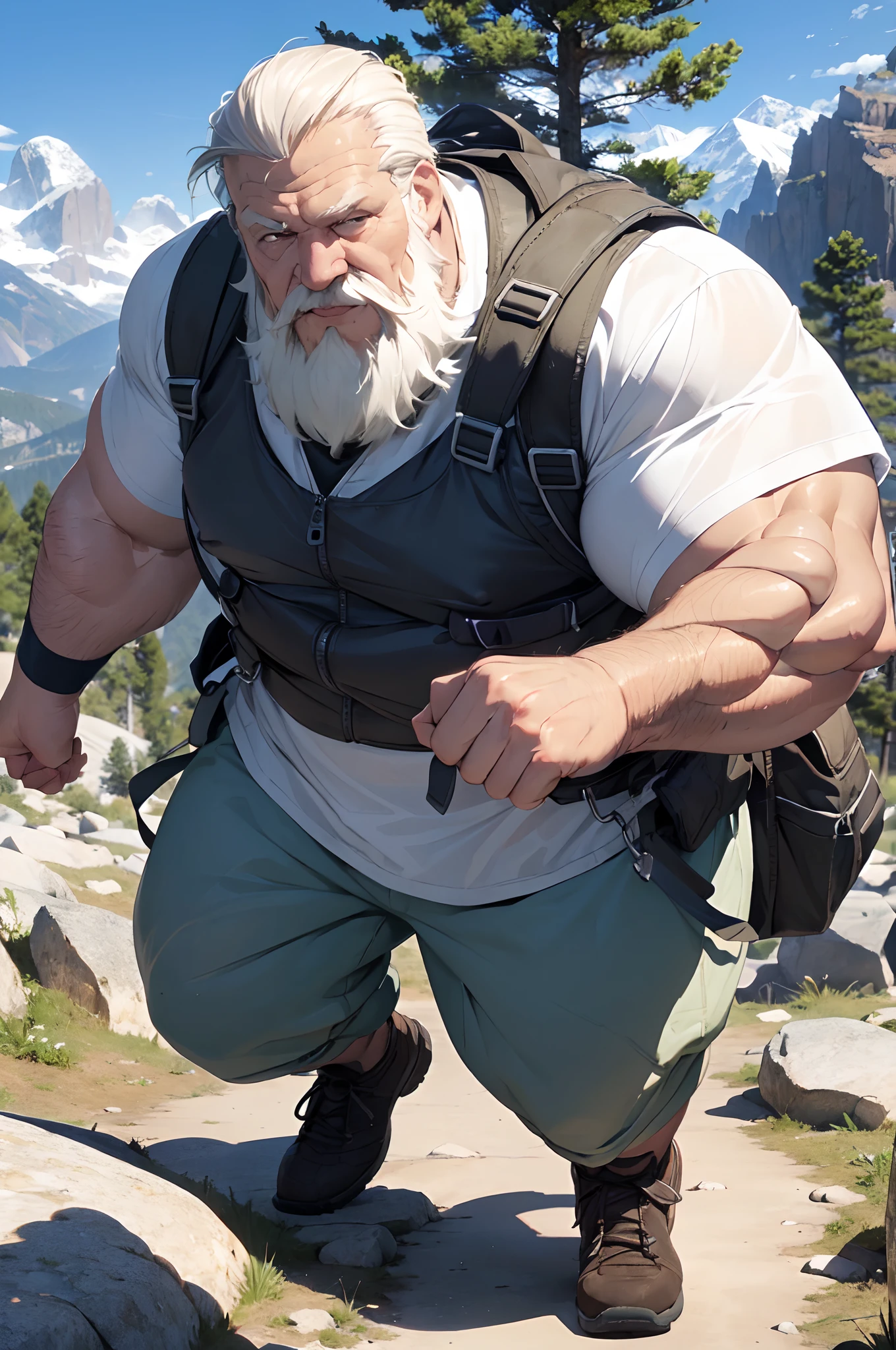 (best quality,4k,8k,highres,masterpiece:1.2),ultra-detailed,(realistic,photorealistic,photo-realistic:1.37),muscular,old man hiking in mountain,landscape,rocks,steep trail,adventure,heavy backpack,long white beard,strong arms,leather boots,exhausted,sweaty,majestic peaks in the distance,gusty wind,tall trees,cool breeze,determination,peaceful,calm,serene lighting