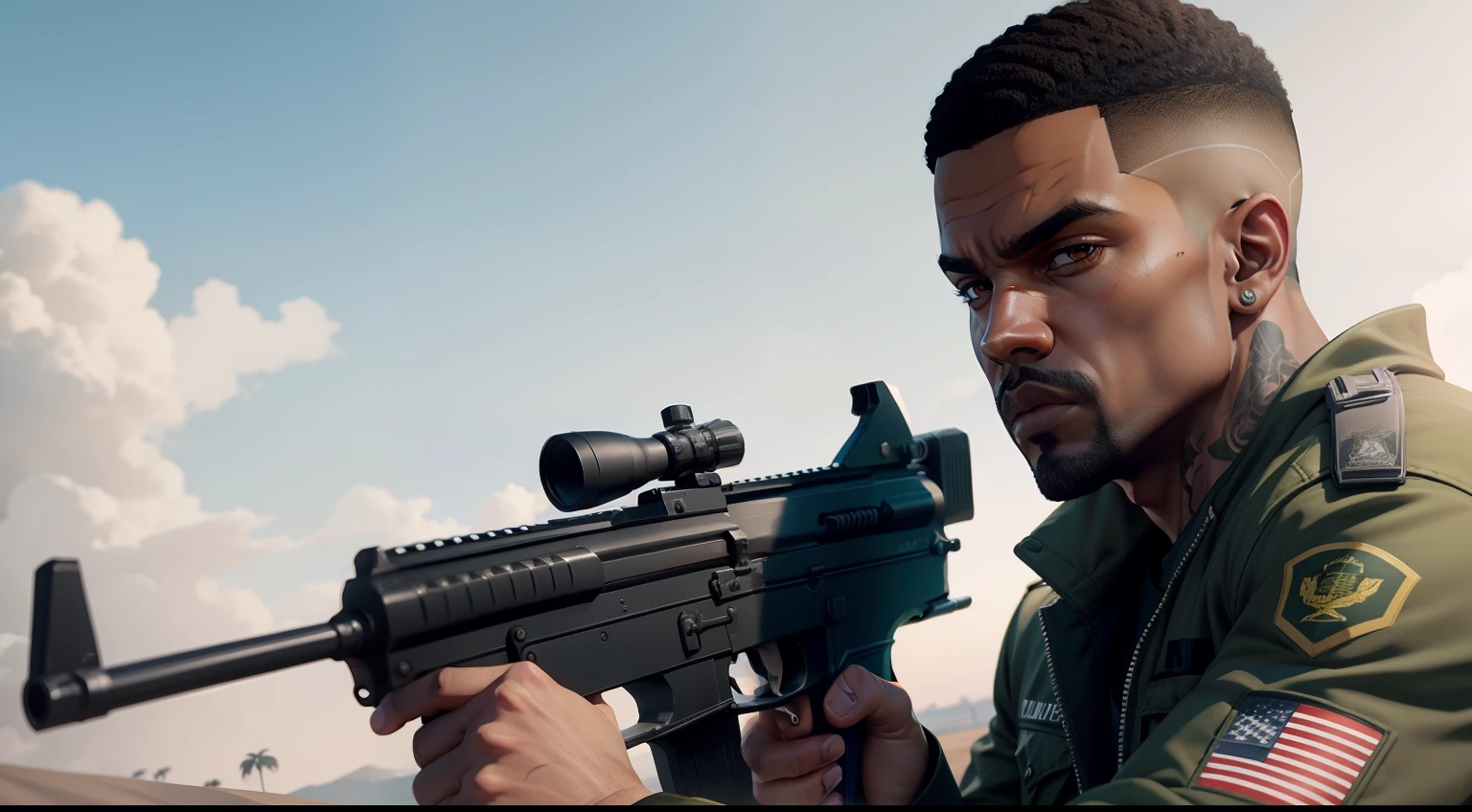 Army Clothing Man,Brazilian Army Clothing,gta personagem, Como o protagonista de GTA 5, GTA V Estilo, como um personagem de gtav, corte de cabelo red,cabelo red,Kanye West em GTA v, Estilo GTA5, gta v personagem, empunhando fuzil de assalto,rifle in hand ,fuzil AK-47 ,gta 5 tom de pele negro