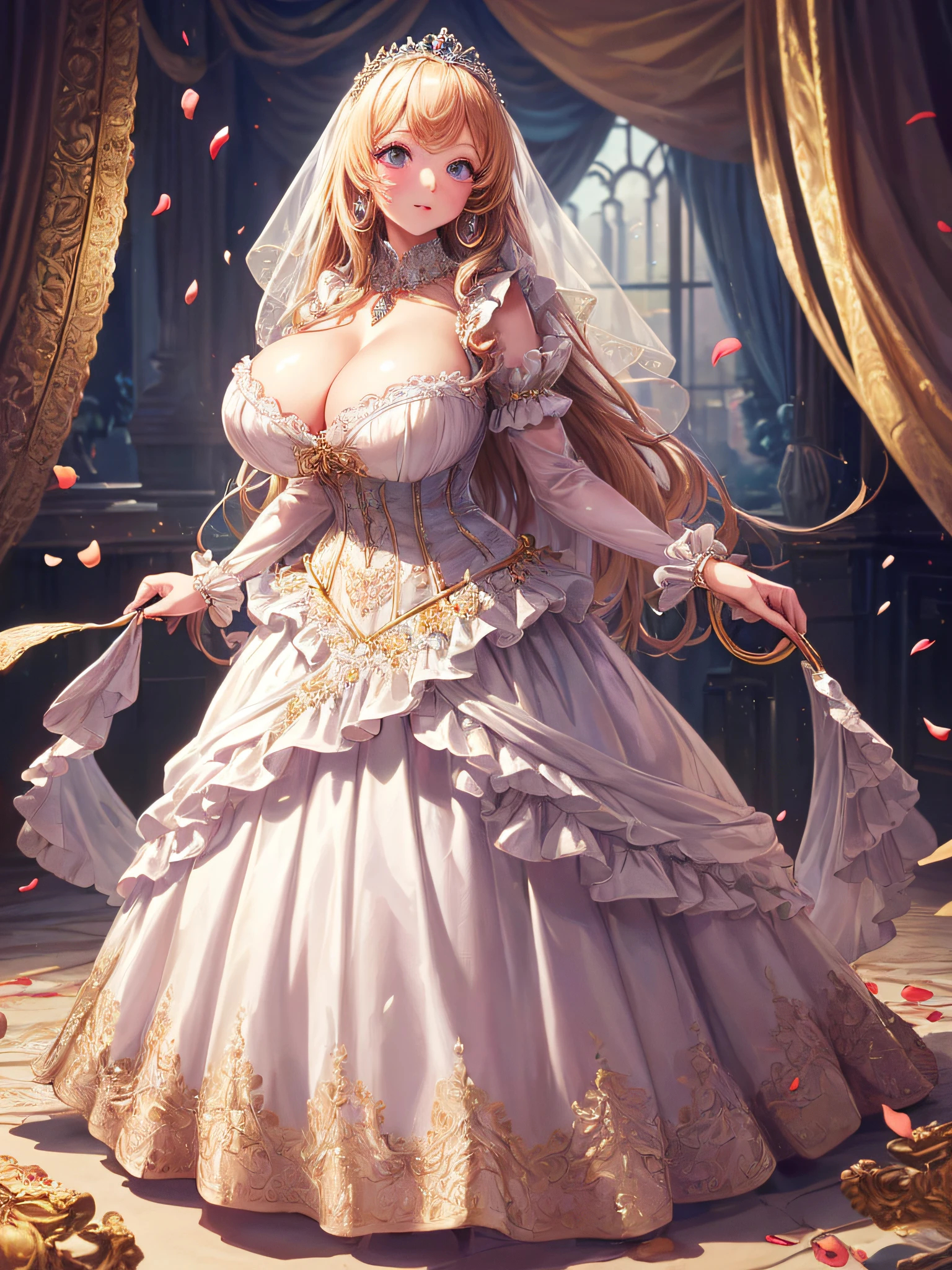 (masterpiece, best quality,extremely detailed:1.1),(moe anime art style:1.2),1girl,((full body,focus face)),((solo)), cute, kawaii,digital art,((1 gorgeous anime princess wearing beautiful embroidery and jeweled ruffled gorgeous princess rococo ballgown with voluminous full length hoop skirt)),((crinoline)),long train,voluminous frills,(gorgeous embroidery and beautiful lace),((very gigantic boobs,skindentation)),cleavage,shiny hair,(((very long hair,large amount of straight hair))),((finely detailed face and eyes)),clear pupil,extremely gorgeousfull hair ornament,(bling-bling jeweled extremely gorgeousfull tiara),(bling-bling gorgeous gemstone jewelry),long veil,beautiful background,fantasy background,flowers,flower petals flowing,full body,((beautiful embroidery and jeweled ruffled gorgeous princess rococo ballgown with voluminous full length hoop skirt))
