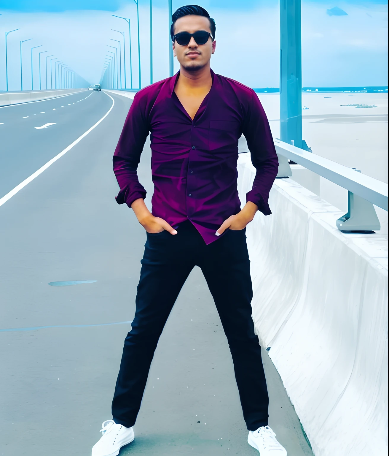 araffe man in a purple shirt and black pants standing on a bridge, standing in road, inspired by Byron Galvez, mohamed chahin style, with a cool pose, very artistic pose, full body photogenic shot, stylish pose, mohamed chahin, profile pic, high quality upload, taken in the early 2020s