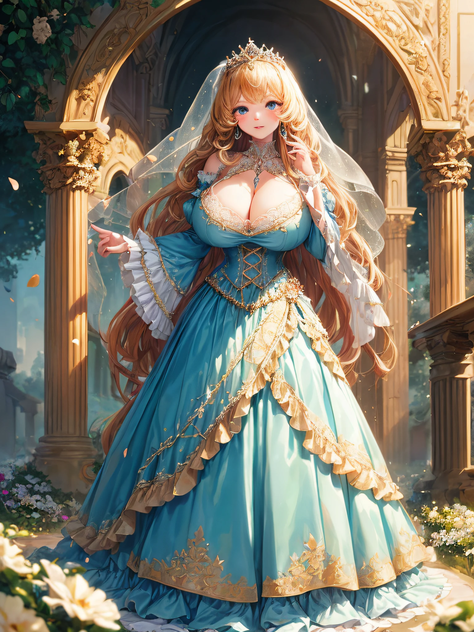 (masterpiece, best quality,extremely detailed:1.1),(moe anime art style:1.2),1girl,((full body,focus face)),((solo)), cute, kawaii,digital art,((1 gorgeous anime princess wearing beautiful embroidery and jeweled ruffled gorgeous princess rococo ballgown with voluminous full length hoop skirt)),((crinoline)),long train,voluminous frills,(gorgeous embroidery and beautiful lace),((very gigantic boobs,skindentation)),cleavage,shiny hair,(((very long hair,large amount of straight hair))),((finely detailed face and eyes)),clear pupil,extremely gorgeousfull hair ornament,(bling-bling jeweled extremely gorgeousfull tiara),(bling-bling gorgeous gemstone jewelry),long veil,beautiful background,fantasy background,flowers,flower petals flowing,full body,((beautiful embroidery and jeweled ruffled gorgeous princess rococo ballgown with voluminous full length hoop skirt))