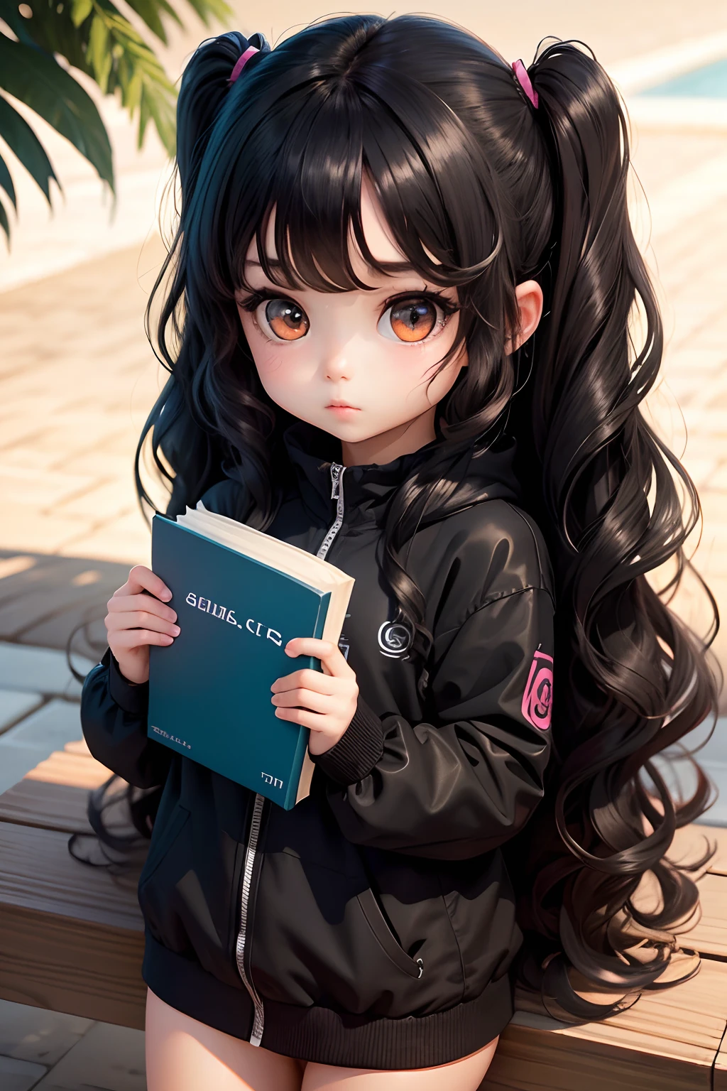 Create a series of cute chibi girls, tanning skin, big dark eyes, black wavy hair, black clothes, holding a book in their hands.