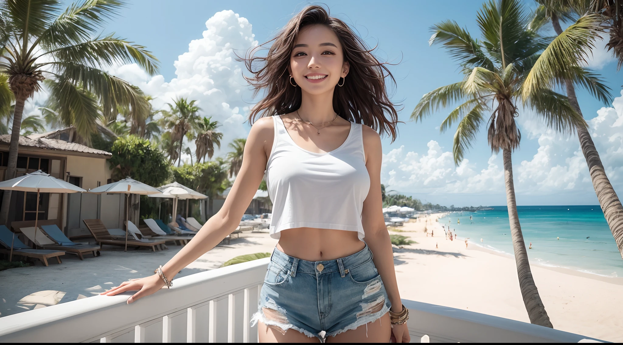 8K, Masterpiece, Raw foto, Best Quality, Photorealistic, Extremely detailed CG unity 8k wallpaper, Depth of field, Cinematic light, lens flares, Ray traching, (extremely beautiful face, beautiful lips, beautidful eyes), Intricate detail face, ((ultra detail skin)) 1girll, Pretty Korean Girl, kpop-idol, 1 Girl, (Very slender and slender muscular body:1.3), ((looking up at viewer)),(big grin:1.3), (sleeveless) , beautiful earrings, wristband, necklaces, Clear eyes, (pale-skin), (Big Eyes), Facing Forward, ((upper body shot)), (ligh brown hair),(looking up at viewer:1.3) open chest, Very slim, Medium Tits, Revert, Backshot, , Sunny weather, Medium Tits, seaside, waves, palm tree, White t-shirt and ripped shorts, Sunny weather, Medium Tits, seaside, waves, palm tree, White t-shirt and ripped shorts, Sunny weather, Medium Tits, seaside, waves, palm tree, White t-shirt and ripped shorts, Sunny weather, Medium Tits, seaside, waves, palm tree, White t-shirt and ripped shorts, Sunny weather, Medium Tits, seaside, waves, palm tree, White t-shirt and ripped shorts, Sunny weather, Medium Tits, seaside, waves, palm tree, White t-shirt and ripped shorts, Sunny weather, Medium Tits, seaside, waves, palm tree, White t-shirt and ripped shorts, Sunny weather, Medium Tits, seaside, waves, palm tree, White t-shirt and ripped shorts