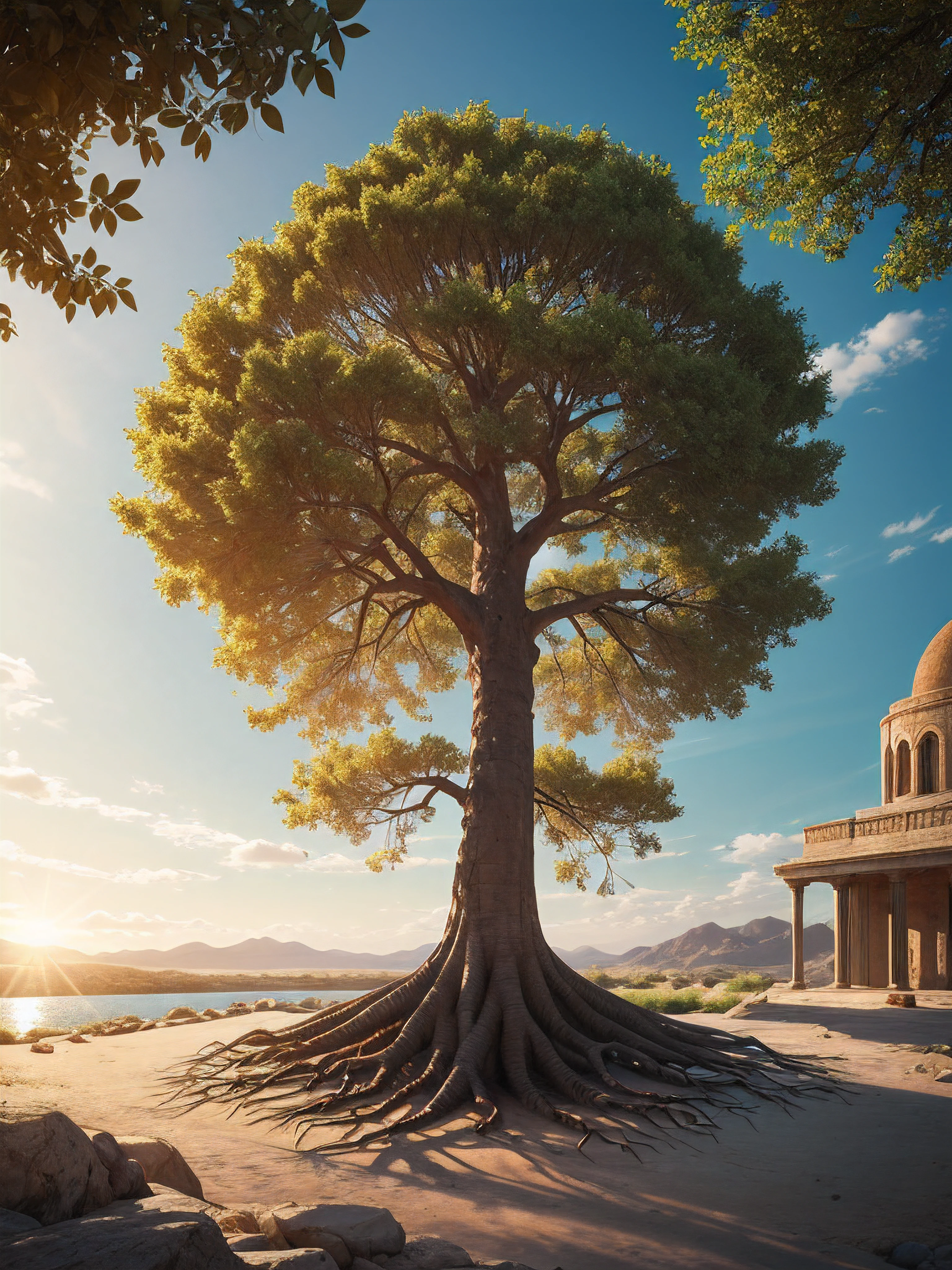 tree of life, with its roots immersed in Holy Scripture, photorealistic, sunny day, 8k