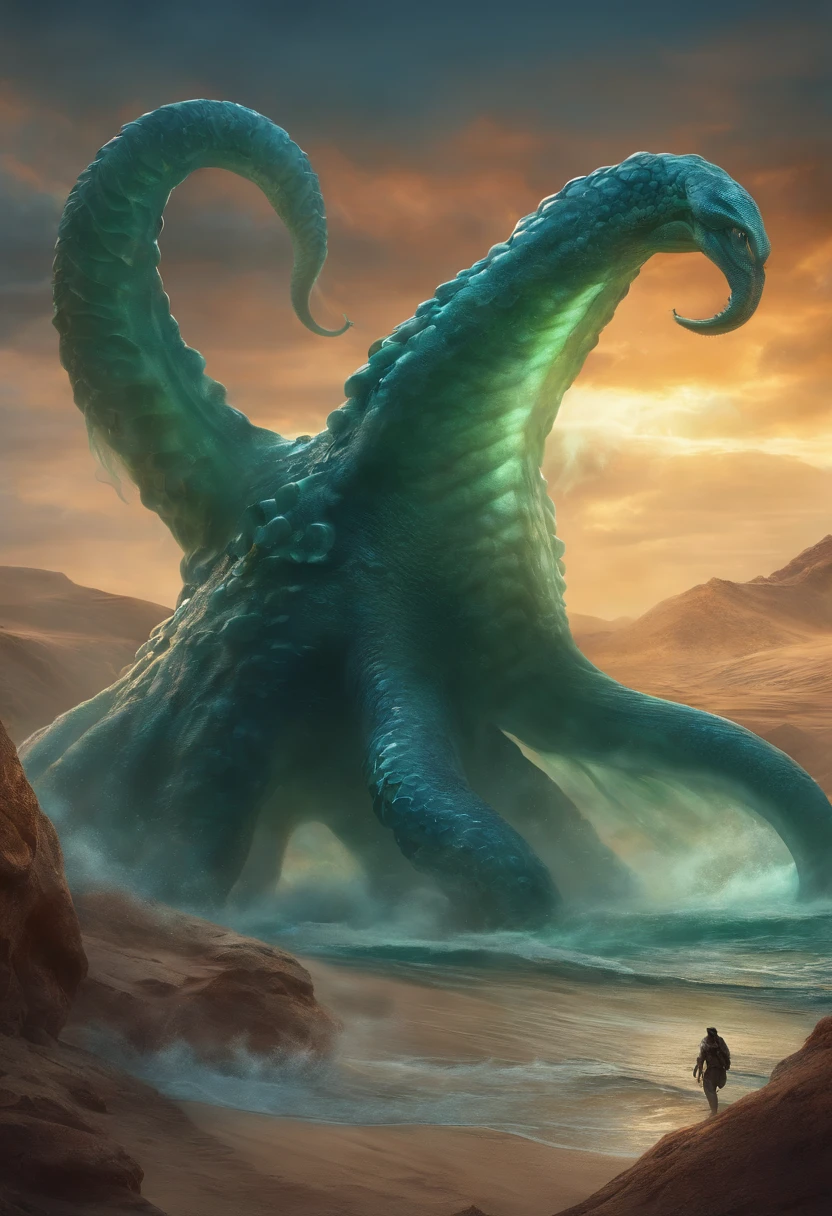 glass kraken attacking, Rpg art, rpg token, full body, terrifying creature, big monster, desert background, Fantastic digital art