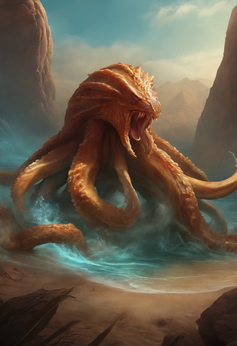 glass kraken attacking, Rpg art, rpg token, full body, terrifying creature, big monster, desert background, Fantastic digital art