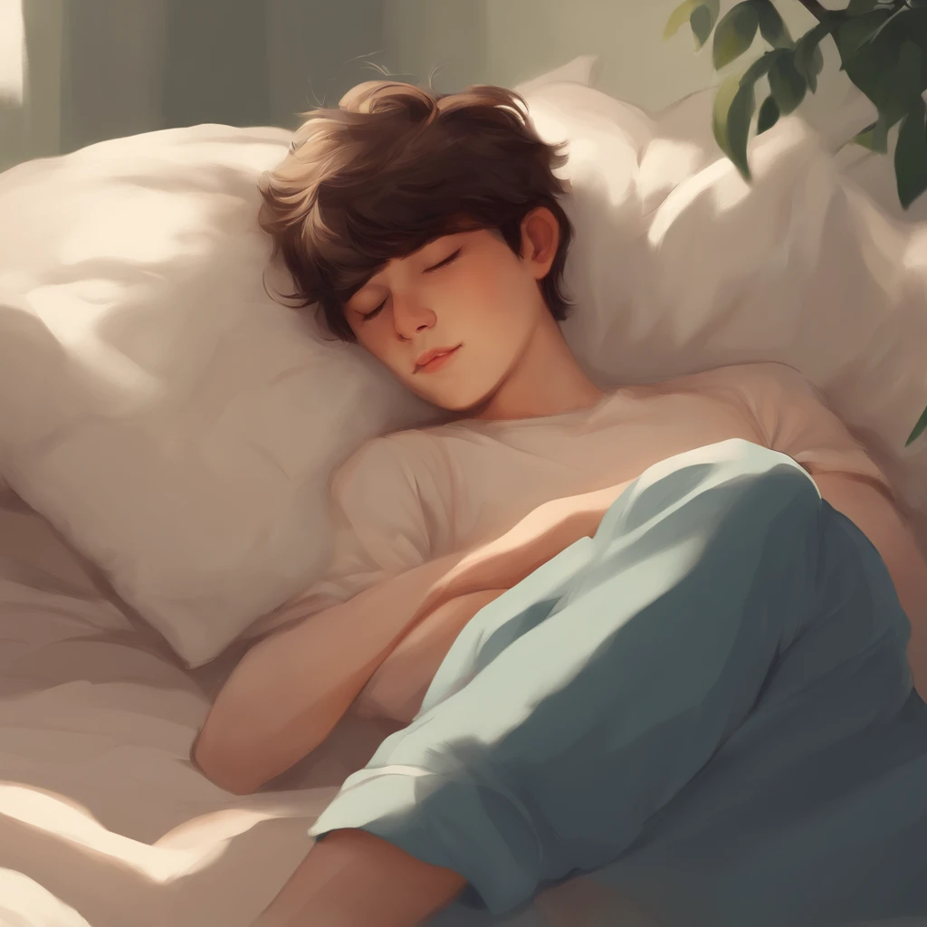 Create a charming image of a teenage boy in a relaxed, sleeping pose. The style should exude the warmth and softness of fluffy art. Think of it as a delightful blend of anime aesthetics with a touch of minimalism. This should be a simple yet heartwarming portrayal, capturing the essence of serene slumber in a fluffy and endearing manner