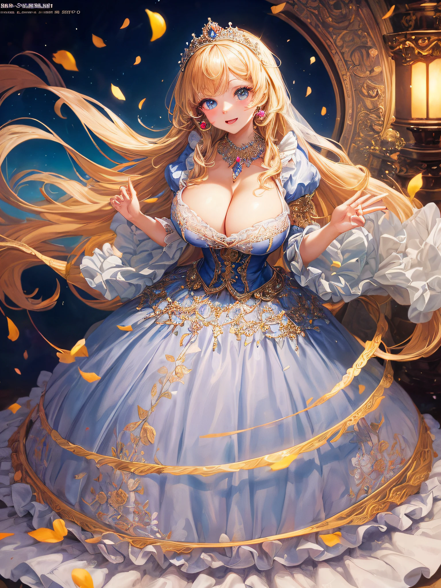 (masterpiece, best quality,extremely detailed:1.1),(moe anime art style:1.2),1girl,((full body,focus face)),((solo)), cute, kawaii,digital art,((1 gorgeous anime princess wearing beautiful embroidery and jeweled ruffled gorgeous princess rococo ballgown with voluminous full length hoop skirt)),((crinoline)),long train,voluminous frills,(gorgeous embroidery and beautiful lace),((very gigantic boobs,skindentation)),cleavage,shiny hair,(((very long hair,large amount of straight hair))),((finely detailed face and eyes)),clear pupil,extremely gorgeousfull hair ornament,(bling-bling jeweled extremely gorgeousfull tiara),(bling-bling gorgeous gemstone jewelry),long veil,beautiful background,fantasy background,flowers,flower petals flowing,full body,((beautiful embroidery and jeweled ruffled gorgeous princess rococo ballgown with voluminous full length hoop skirt))
