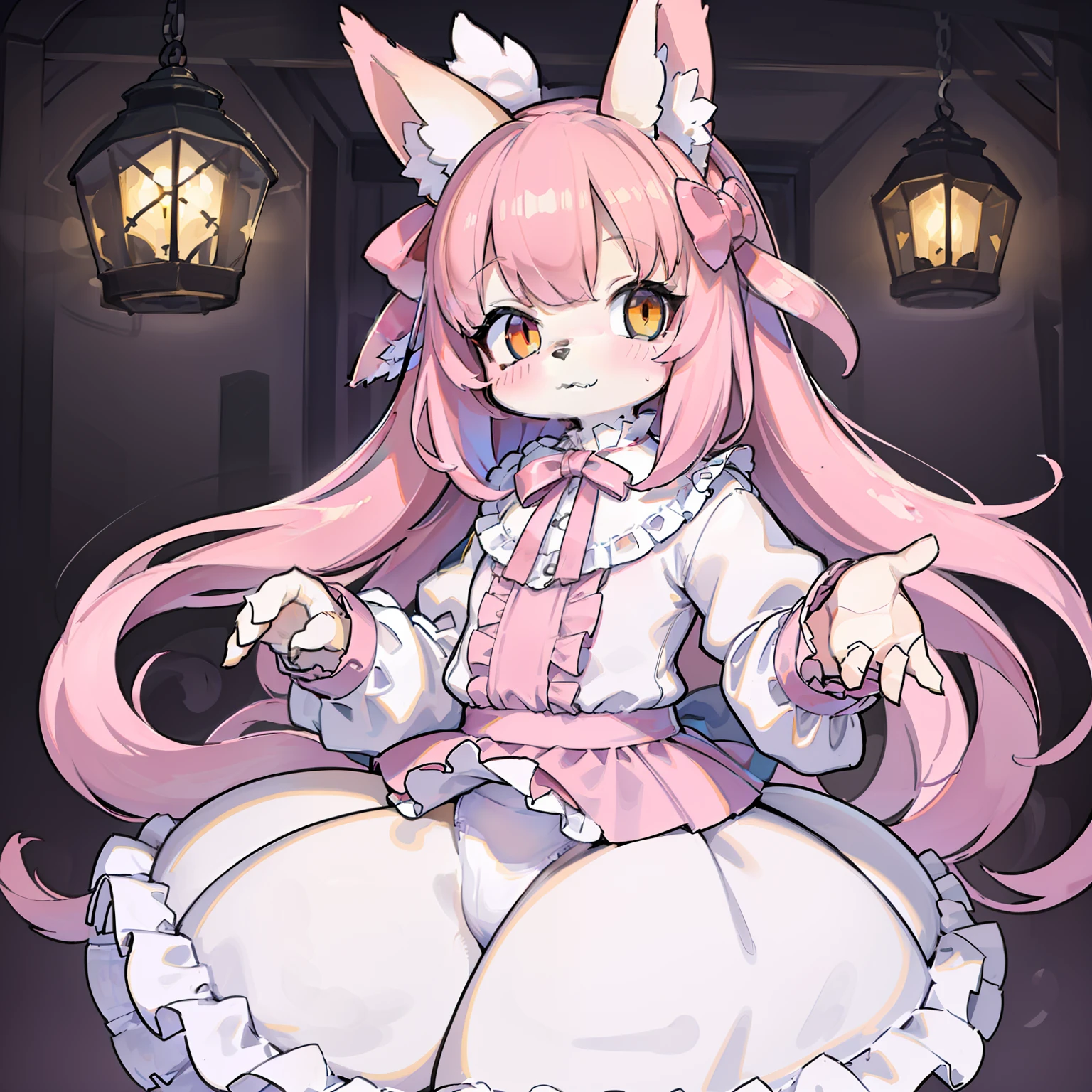 Chiquita、Beastman、kawaii、Lolita、Image colors of pink and white、Fox ears、Fox tail、Clothing with a lot of frills、skirt by the、Many ribbons、kawaii、Lolita、Chiquita、Beastman、length hair、Lowered hair、Clothing with a lot of frills、Image colors of pink and white、yellow  eyes、Pink and white Lolita clothes、Clothing with a lot of frills、Many ribbons、cute little、Fox ears、Fox tail、Beastman、Furry、Pink and white fur、((Pink and white Lolita clothes:1.2))、Pink and white fox ears、pink and white tail、Pink and white fur、Pink and white Lolita、Clothing with a lot of frills、Clothes with a lot of ribbons、Chiquita、Beastman、Pink and white fur、yellow  eyes