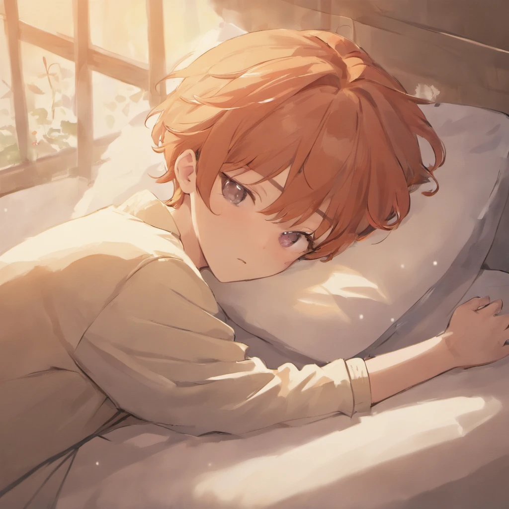 Create a charming image of a boy in a relaxed, sleeping pose. The style should exude the warmth and softness of fluffy art. Think of it as a delightful blend of anime aesthetics with a touch of minimalism. This should be a simple yet heartwarming portrayal, capturing the essence of serene slumber in a fluffy and endearing manner